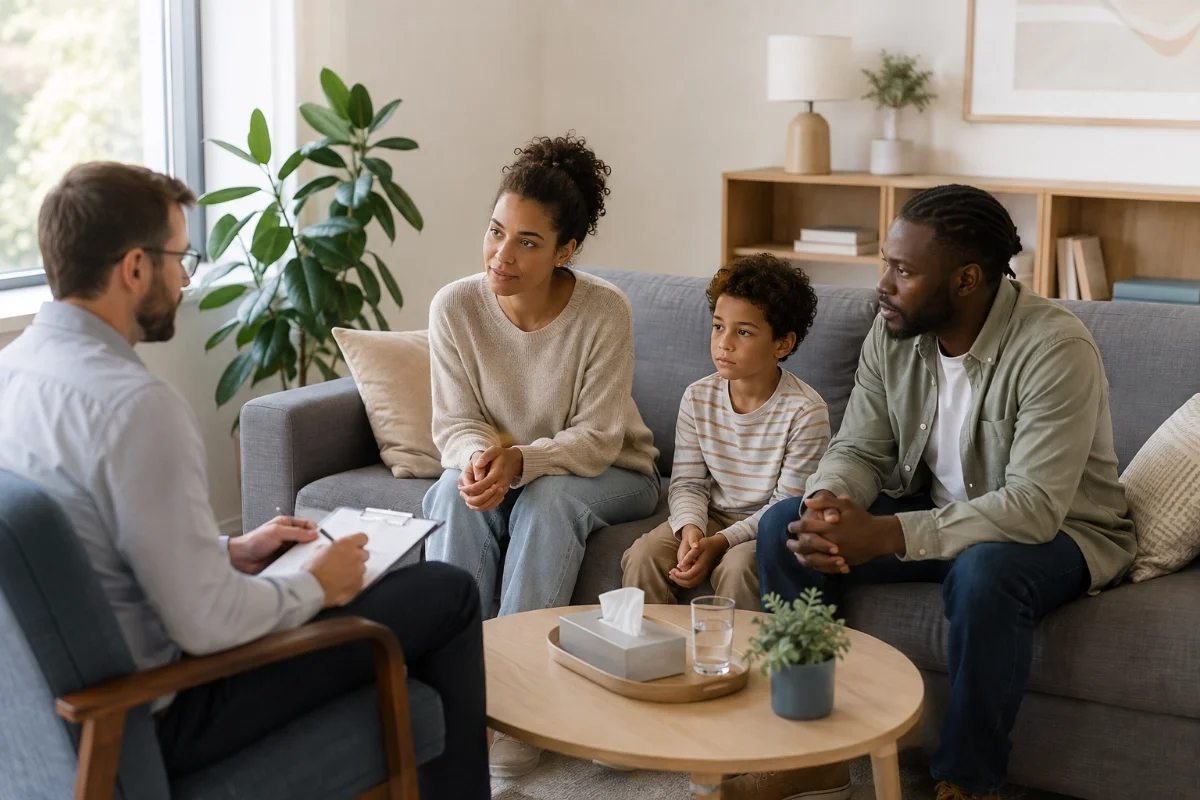 A family of four sitting on a gray couch during a counseling or therapy session with a therapist taking notes.