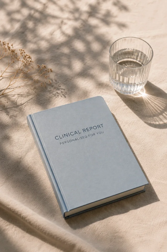 A blue hardcover clinical report book titled 'Personalized for You' resting on a beige cloth surface, with a glass of water to its right and dried flowers to the left. Sunlight casts shadows on the scene.