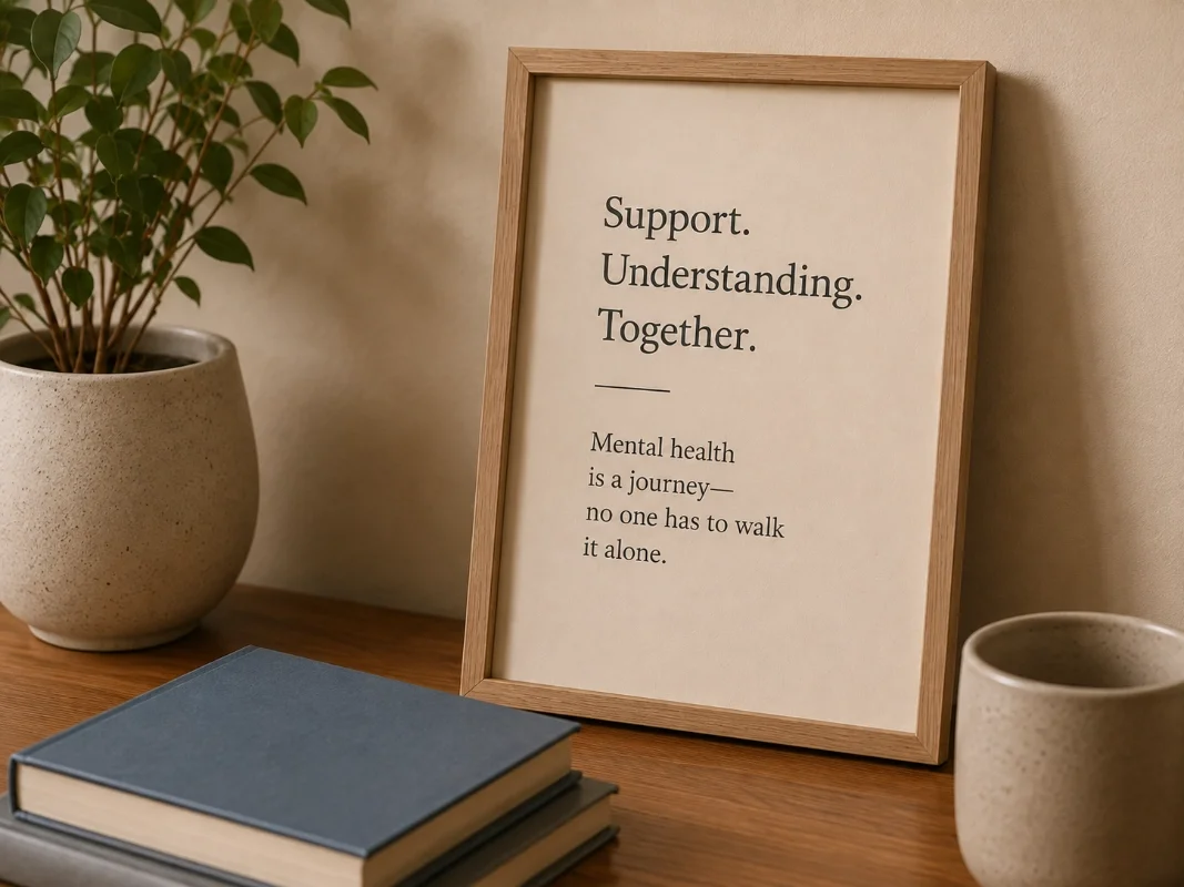 A framed quote on a desk that reads, 'Support. Understanding. Together. Mental health is a journey—no one has to walk it alone.' next to a potted plant, a white cup, and closed notebooks.
