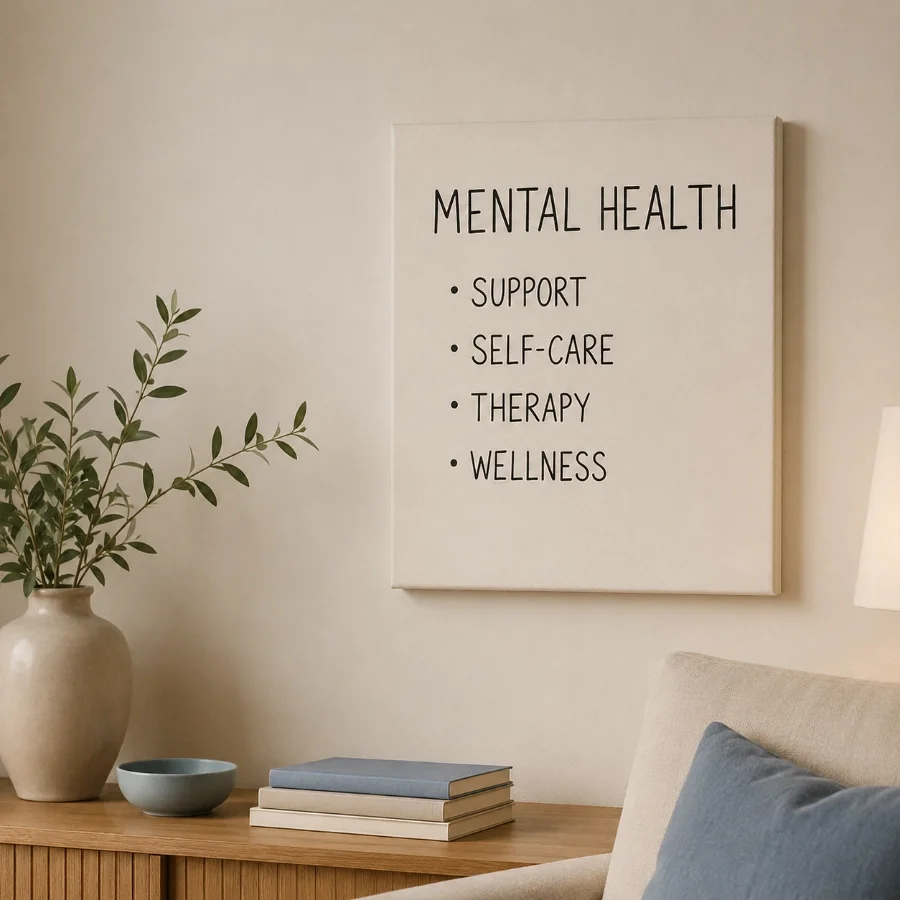 Interior of a room with a white wall and a mental health support sign, a wooden side table with a plant in a ceramic vase, a bowl, and stacked books, and part of a beige sofa with a pillow.