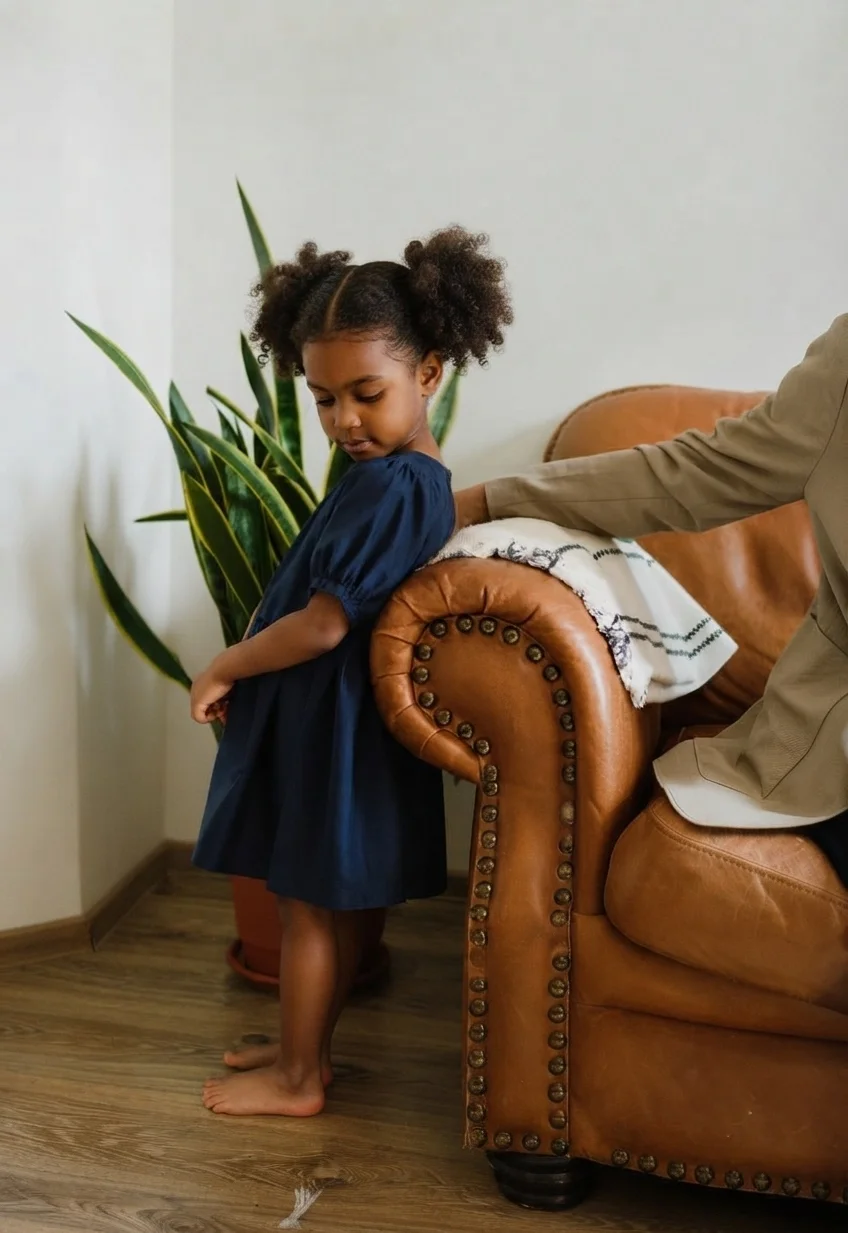 Young girl with curly hair in puffs and a navy blue dress leaning on a brown leather armchair, with a person sitting on the chair, in a room with wooden floor and a potted plant in the background.