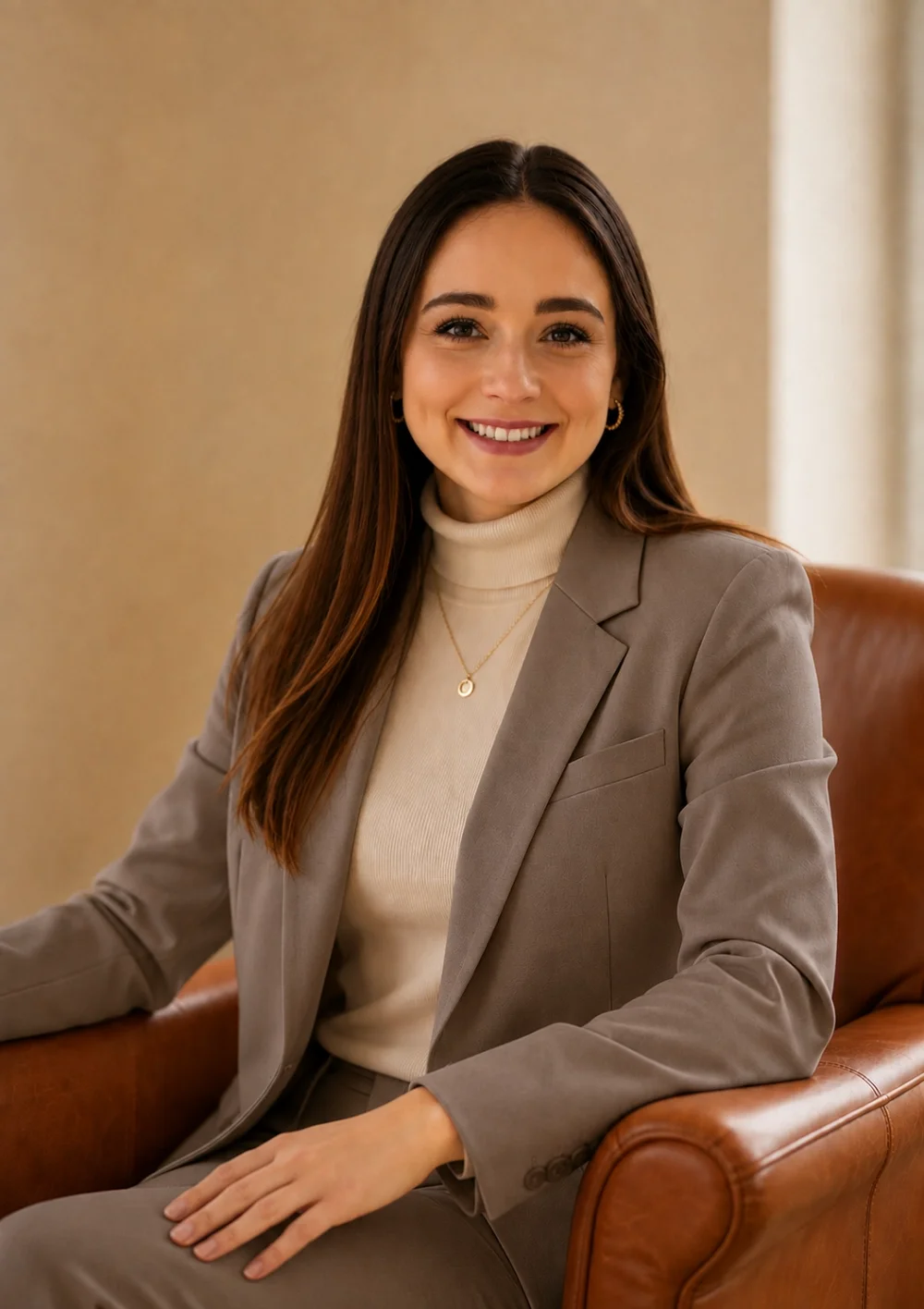 A smiling young woman with long brown hair, wearing a beige turtleneck and a gray blazer, sitting on a brown leather chair in a professional setting.