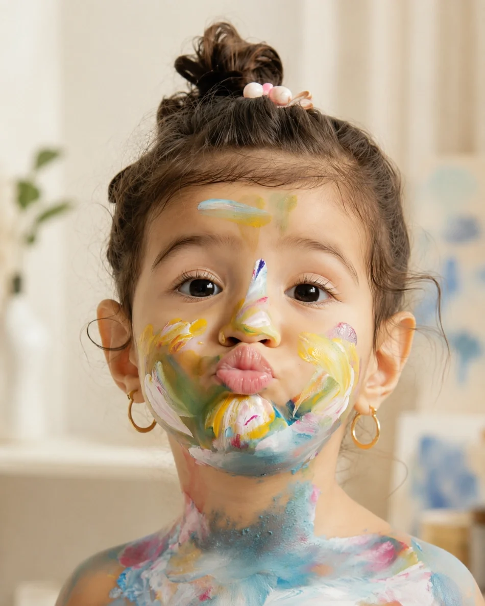 Young girl with her face and shoulders covered in colorful paint, making a kissy face, with her hair in a bun decorated with pink beads, in a room with a blurred background of plants and artwork.