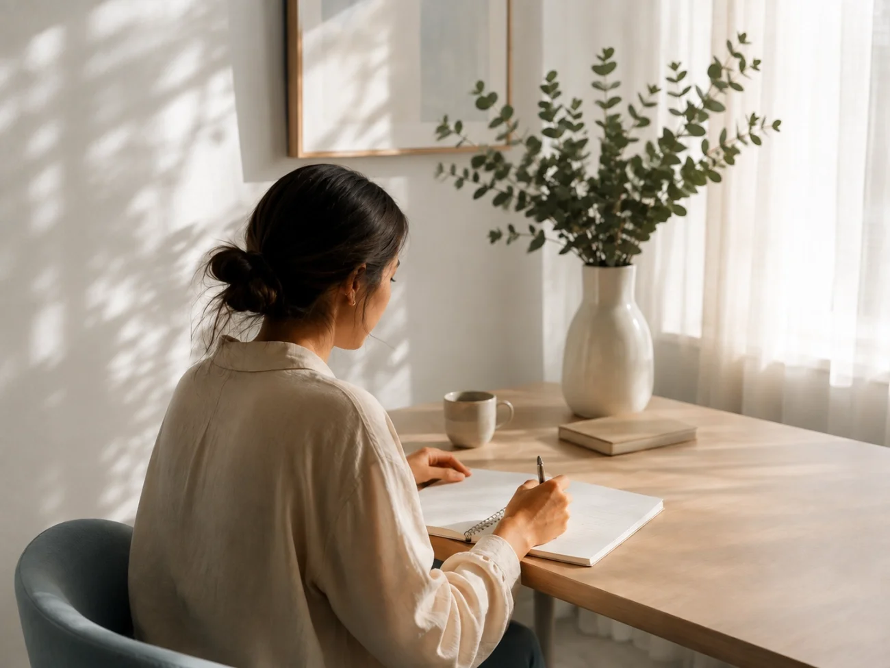 Woman with dark hair in a bun sitting at a wooden table, writing in a notebook with a black pen. A large white vase with greenery, a mug, and a book are on the table. Sunlight filters through sheer curtains, creating shadows on the white wall.