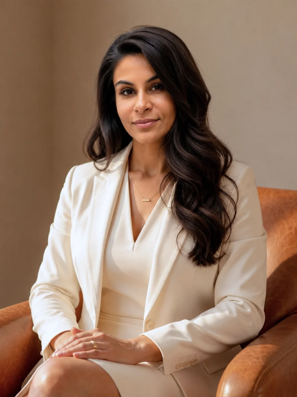 A woman sitting on a brown leather chair, wearing a cream-colored blazer and dress, with long dark hair styled in loose waves, smiling slightly, in a professional setting.