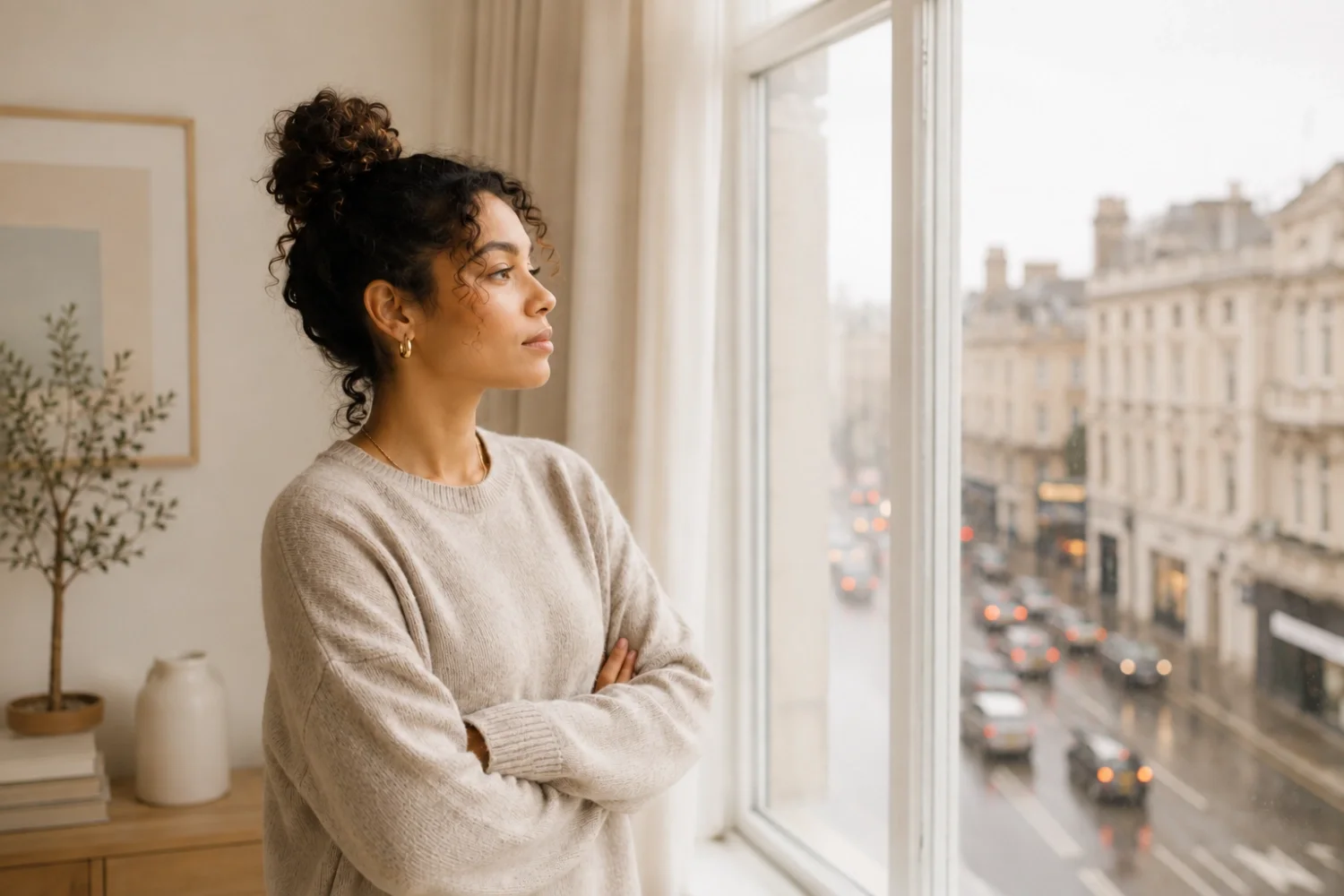 A woman with curly dark hair stands by a large window looking outside at a busy city street. She is wearing a beige sweater and has her arms crossed.
