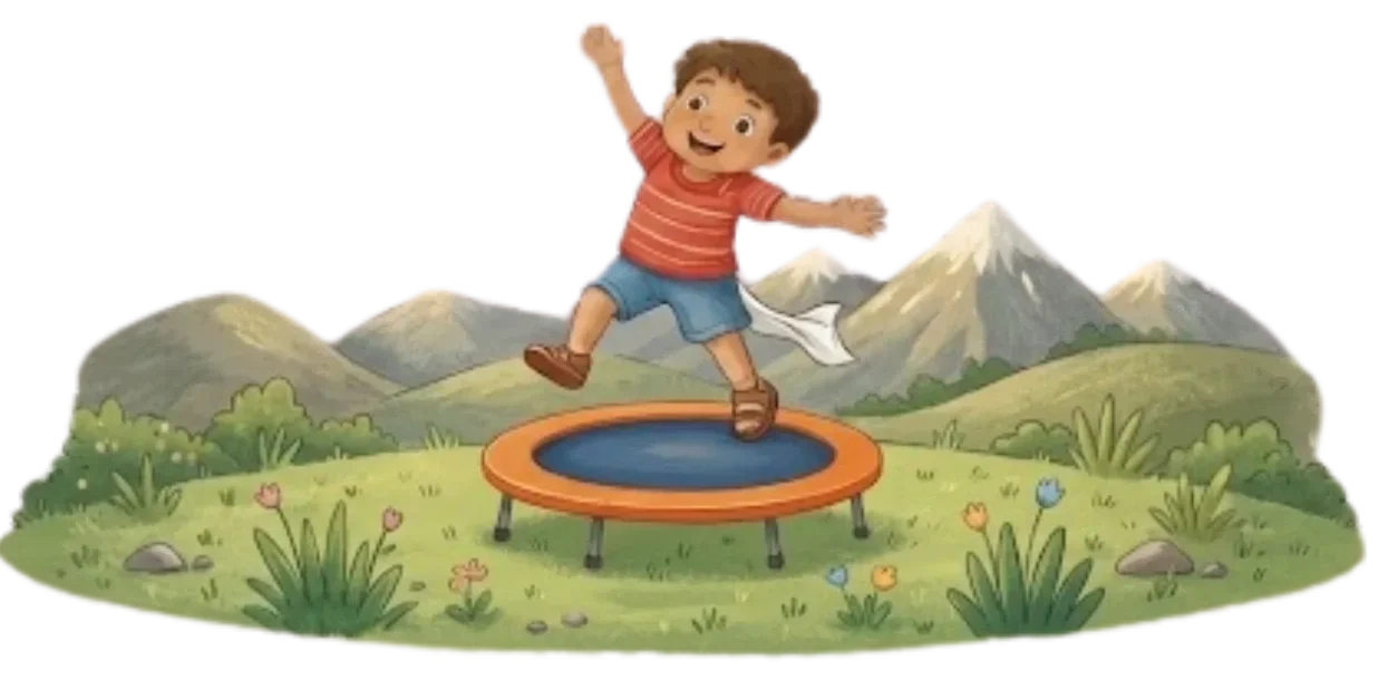 A cartoon boy in a red striped shirt and blue shorts jumping on a small trampoline in a grassy field with flowers, mountains, and snow-capped peaks in the background.