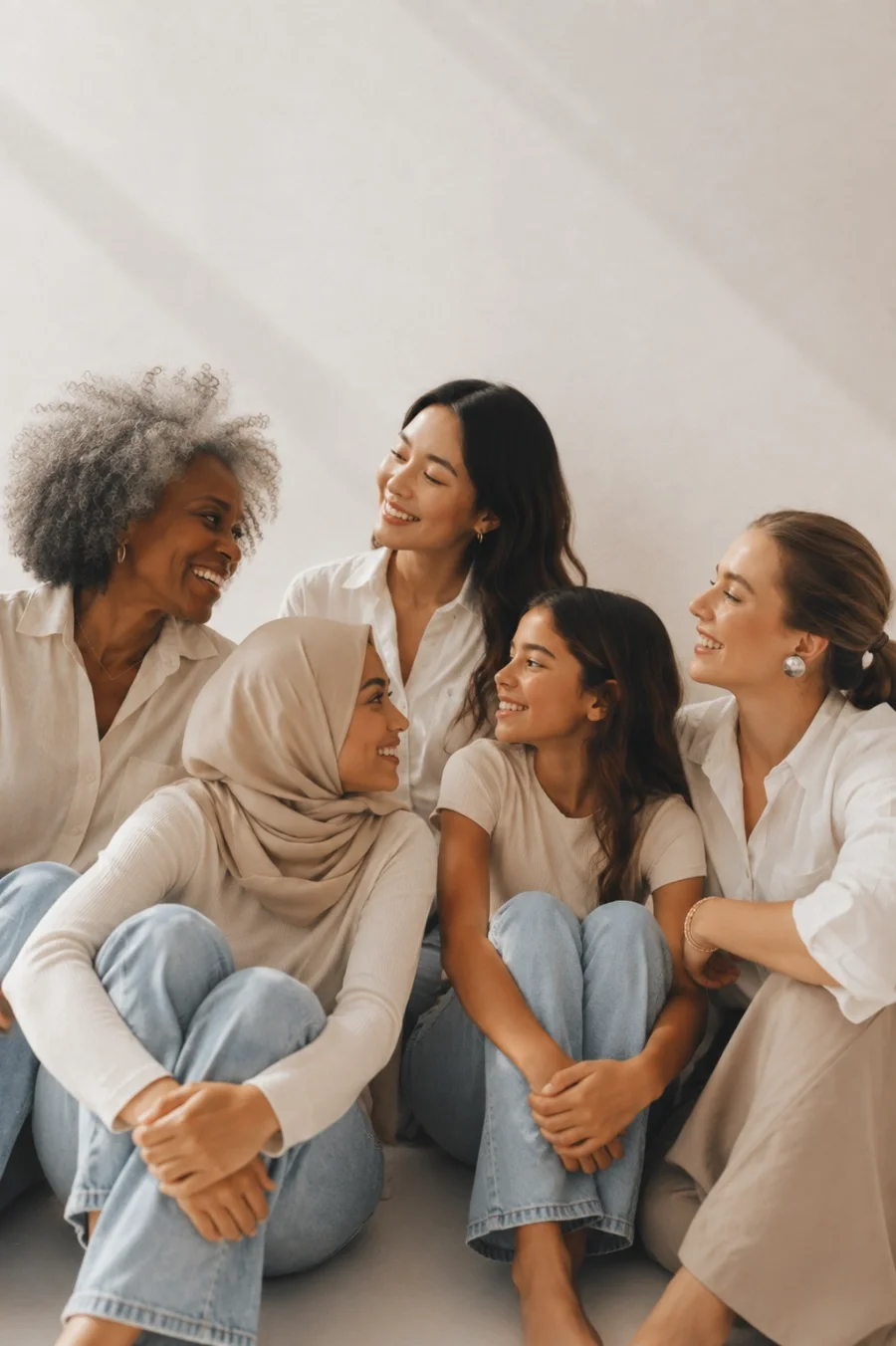 Five diverse women sitting closely together, smiling and engaging in conversation in a bright, neutral setting.