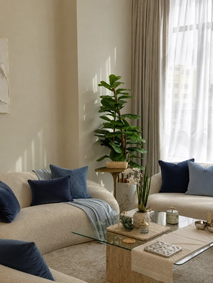 Living room with beige sofas, navy and light blue cushions, glass coffee table, large potted fiddle leaf fig plant, decorative vases, candles, and sheer curtains letting in natural light.
