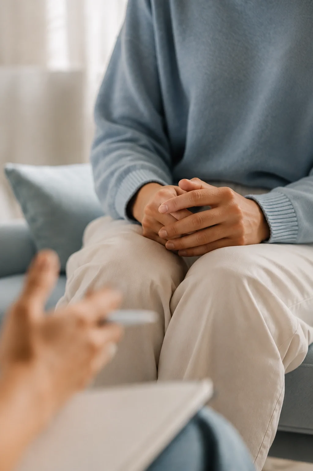 Person sitting with hands clasped, during a therapy or counseling session, with someone holding a clipboard and pen in the foreground.