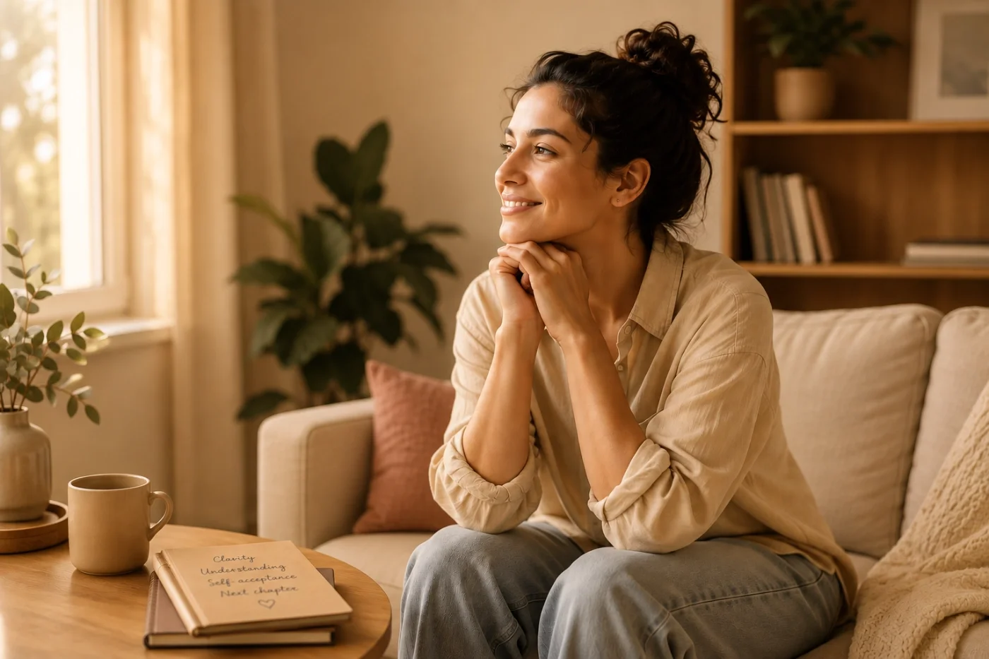 A woman sitting on a beige couch with her hands clasped under her chin, smiling and looking off to the side, in a cozy living room with plants, books, a notebook, a cup, and soft lighting.