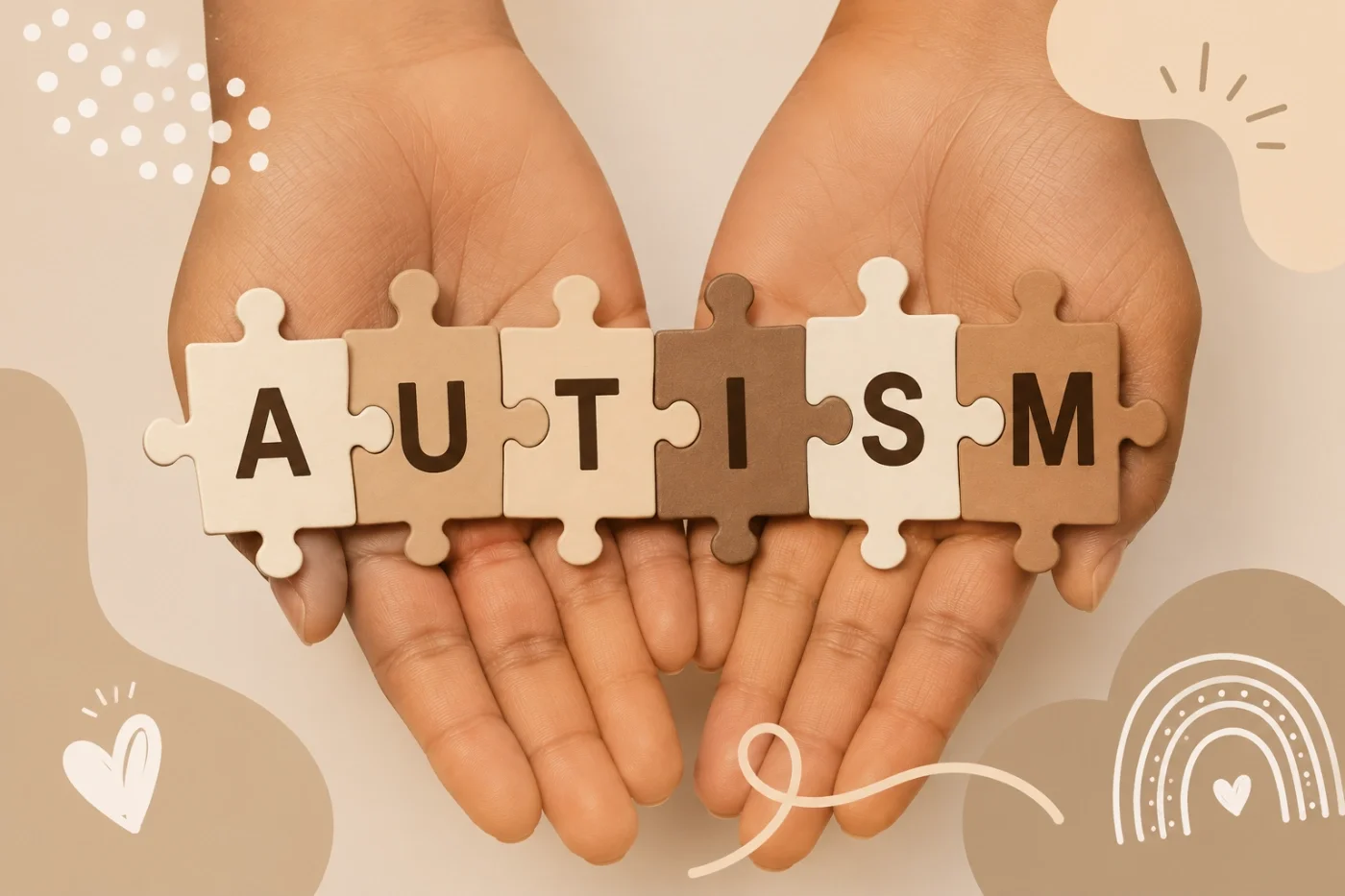 Two hands holding puzzle pieces that spell out 'AUTISM', with decorative hearts and rainbows added around the image.