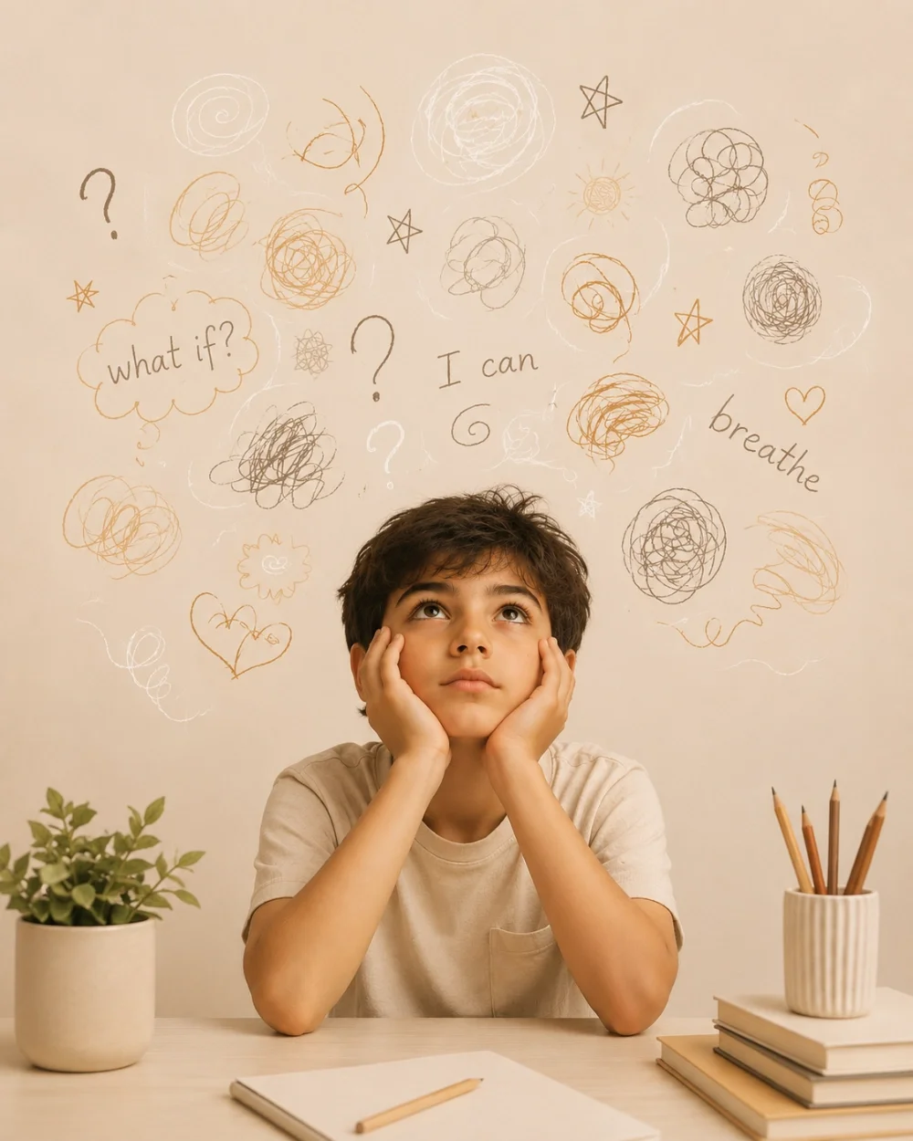 A young boy sitting at a desk with a pensive expression, resting his chin on his hands, surrounded by doodles of spirals, question marks, stars, hearts, and the words "what if?" "I can" and "breathe" on the wall behind him.