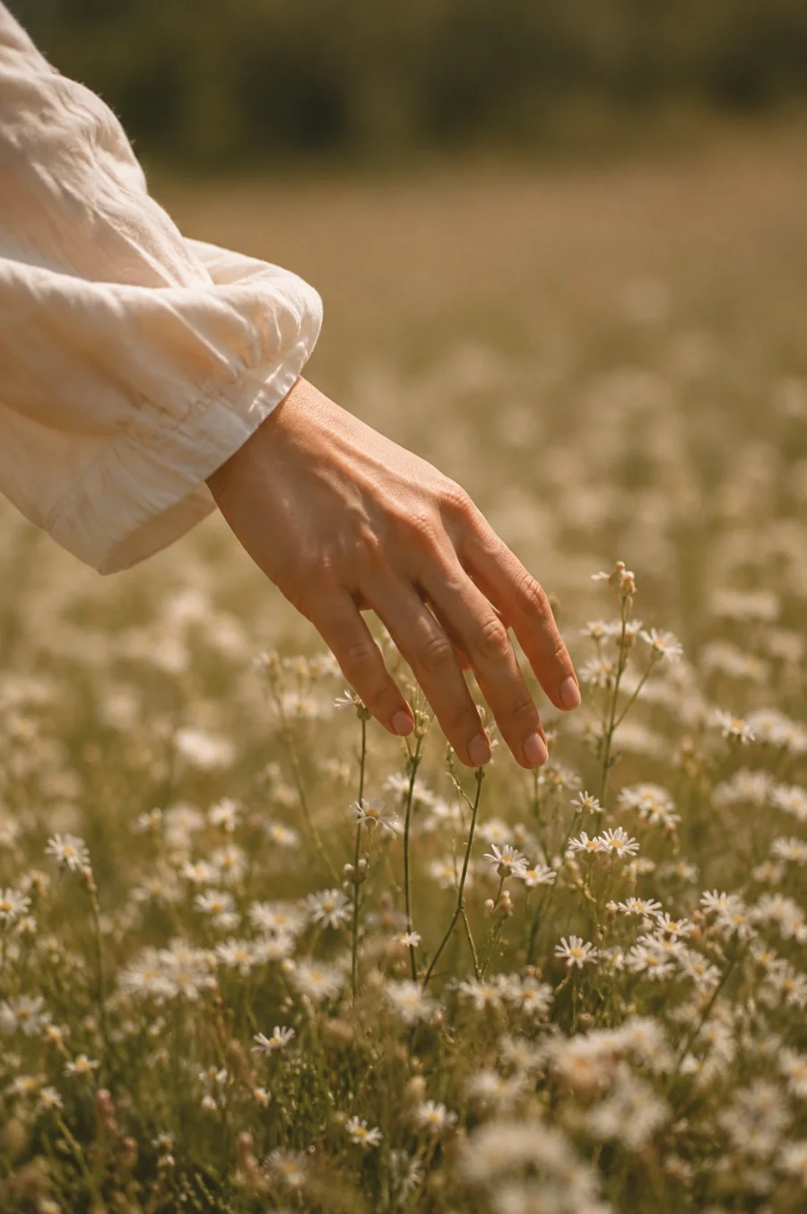 A person wearing a white long-sleeved shirt gently touching small white daisies in a field.