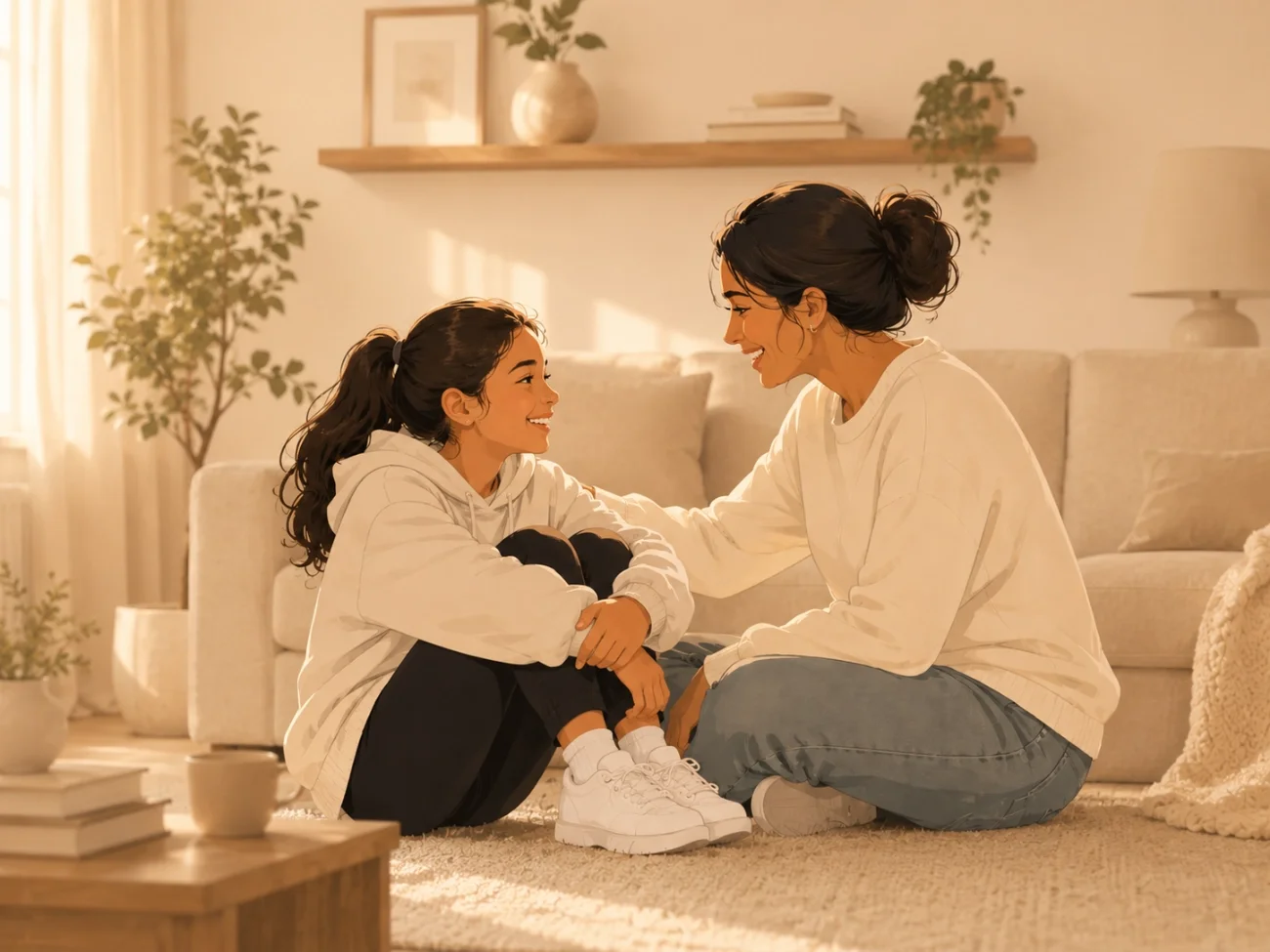 A woman and girl sitting on a beige carpet in a living room, smiling and looking at each other, with the woman gently touching the girl's shoulder. The room has warm lighting, plants, and minimal wall decorations.