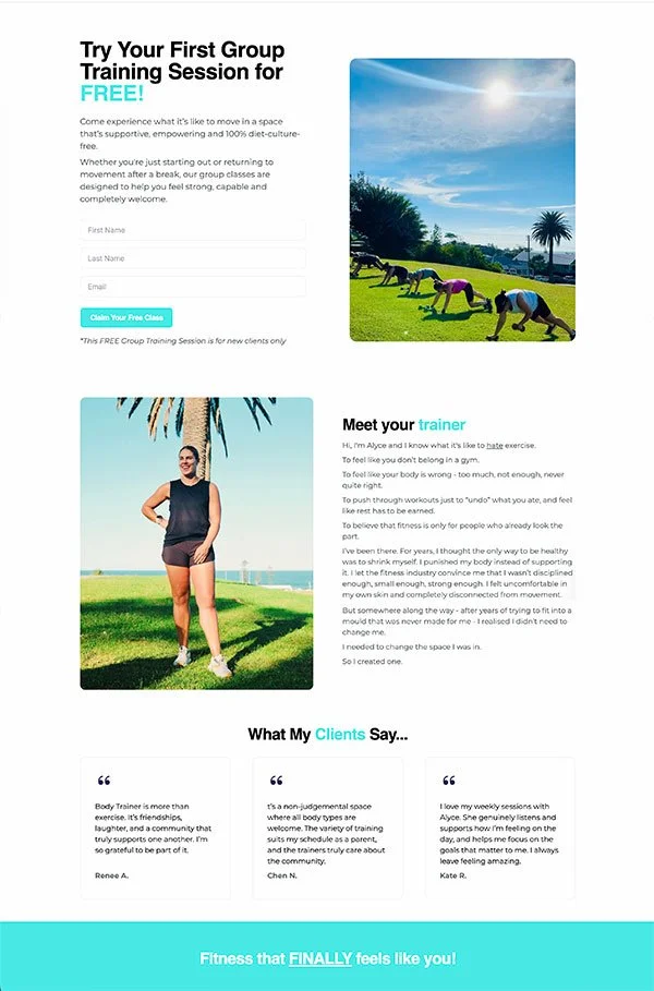 Sales Landing Page Creation - Body Trainer Bulli - Marisa Robinson Digital Marketing