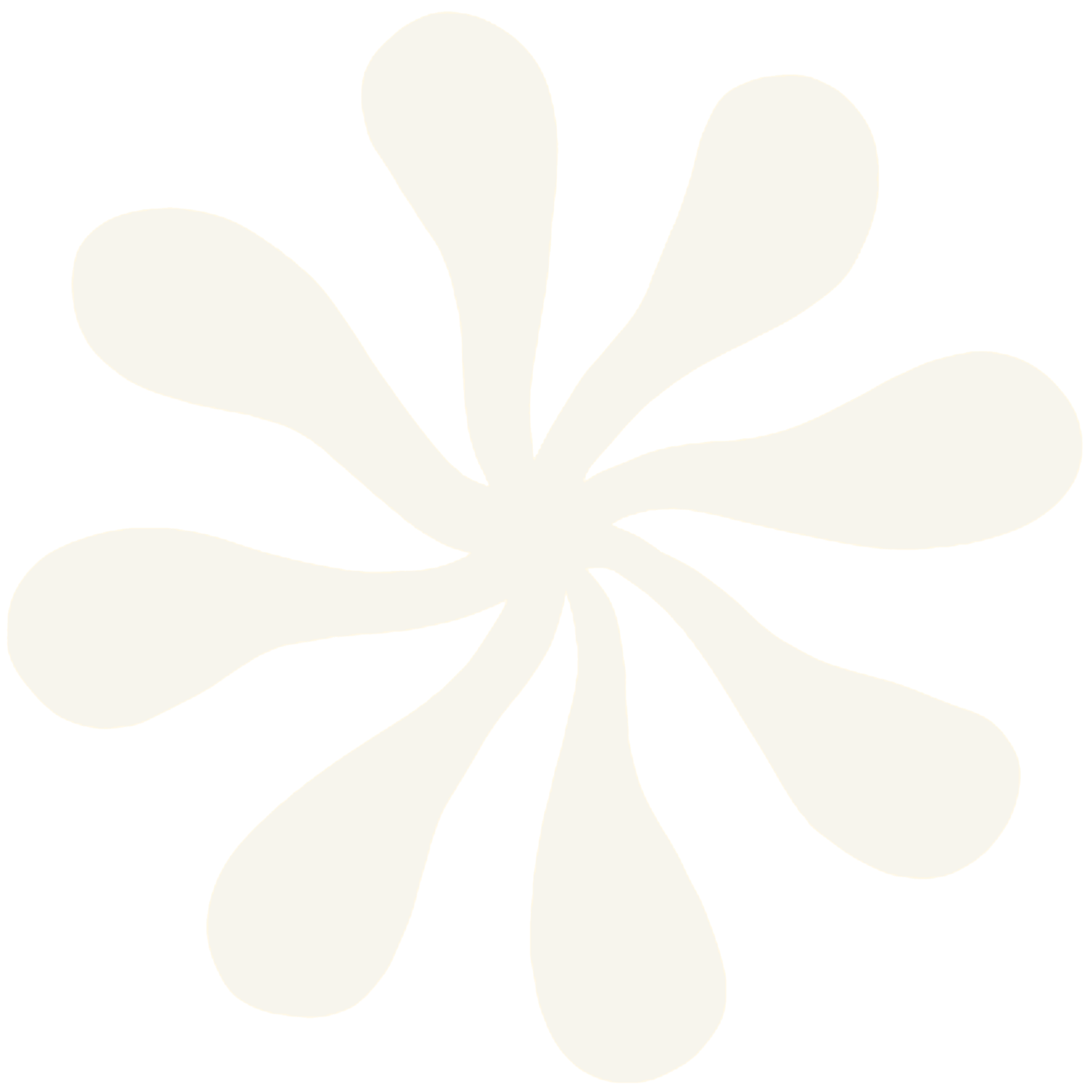 Black and white floral graphic with stylized, curved petals radiating from the center.
