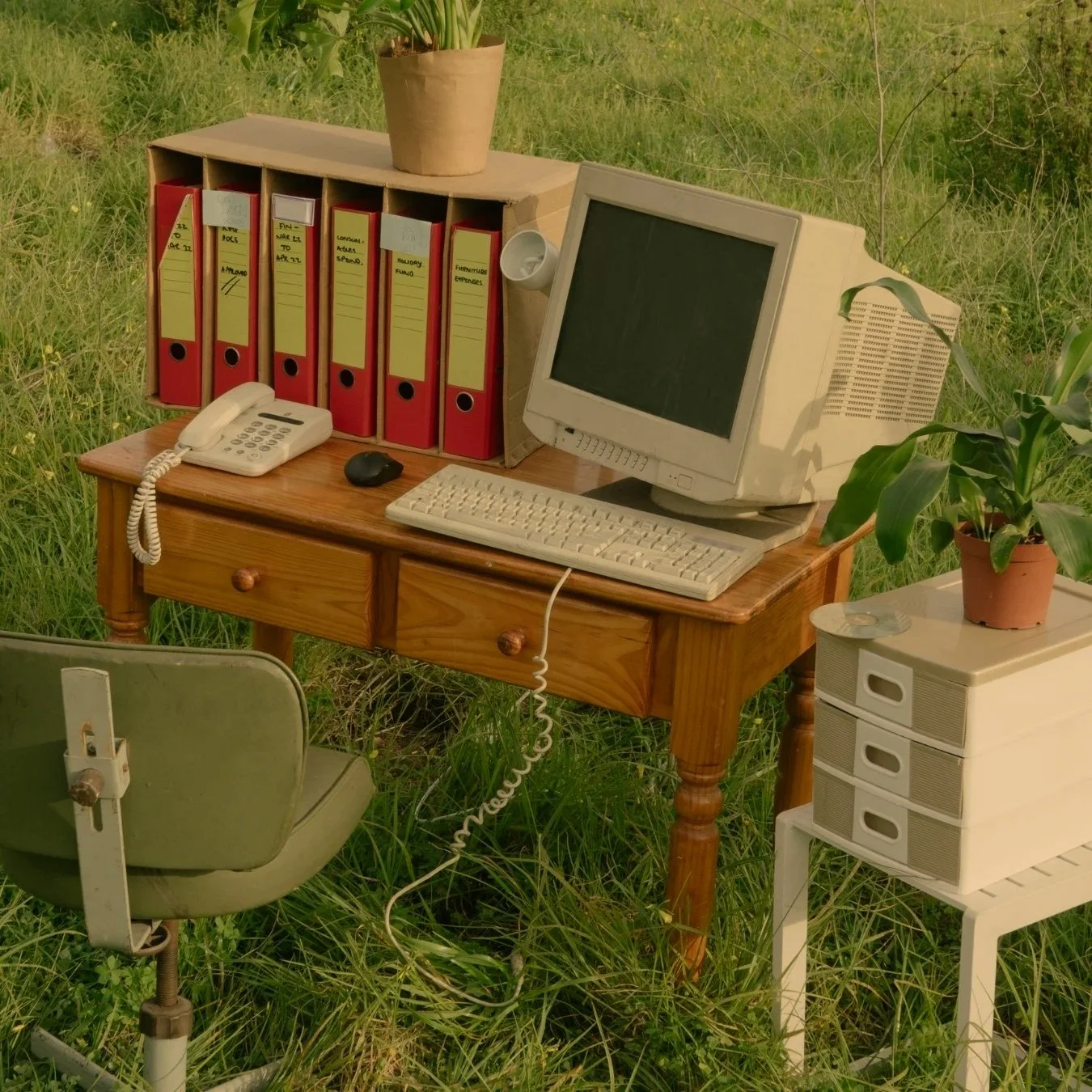 An old-fashioned computer with a thick monitor, keyboard, and mouse sits on a wooden desk outdoors in a grassy field. Next to the desk is a small white filing cabinet with a potted plant on top. A rotary phone rests on the desk, and a cardboard box holds red binders with yellow labels. A matching green office chair is partly visible in the foreground.