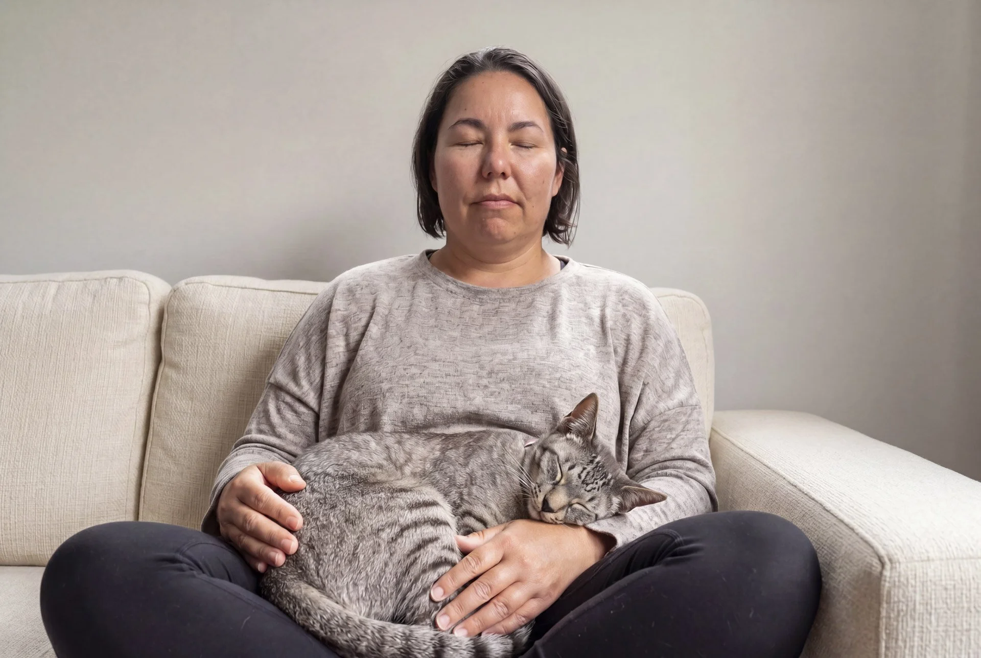 Woman sitting on a beige couch with a gray tabby cat resting peacefully on her lap, her eyes closed, holding the cat gently.