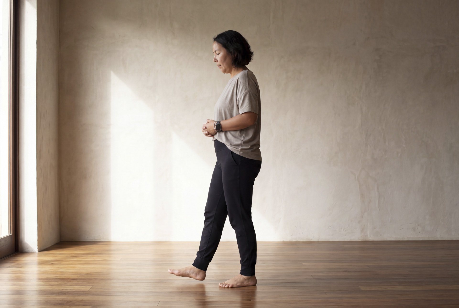 A woman practicing yoga indoors, standing on a hardwood floor near a large window, with a neutral wall in the background.