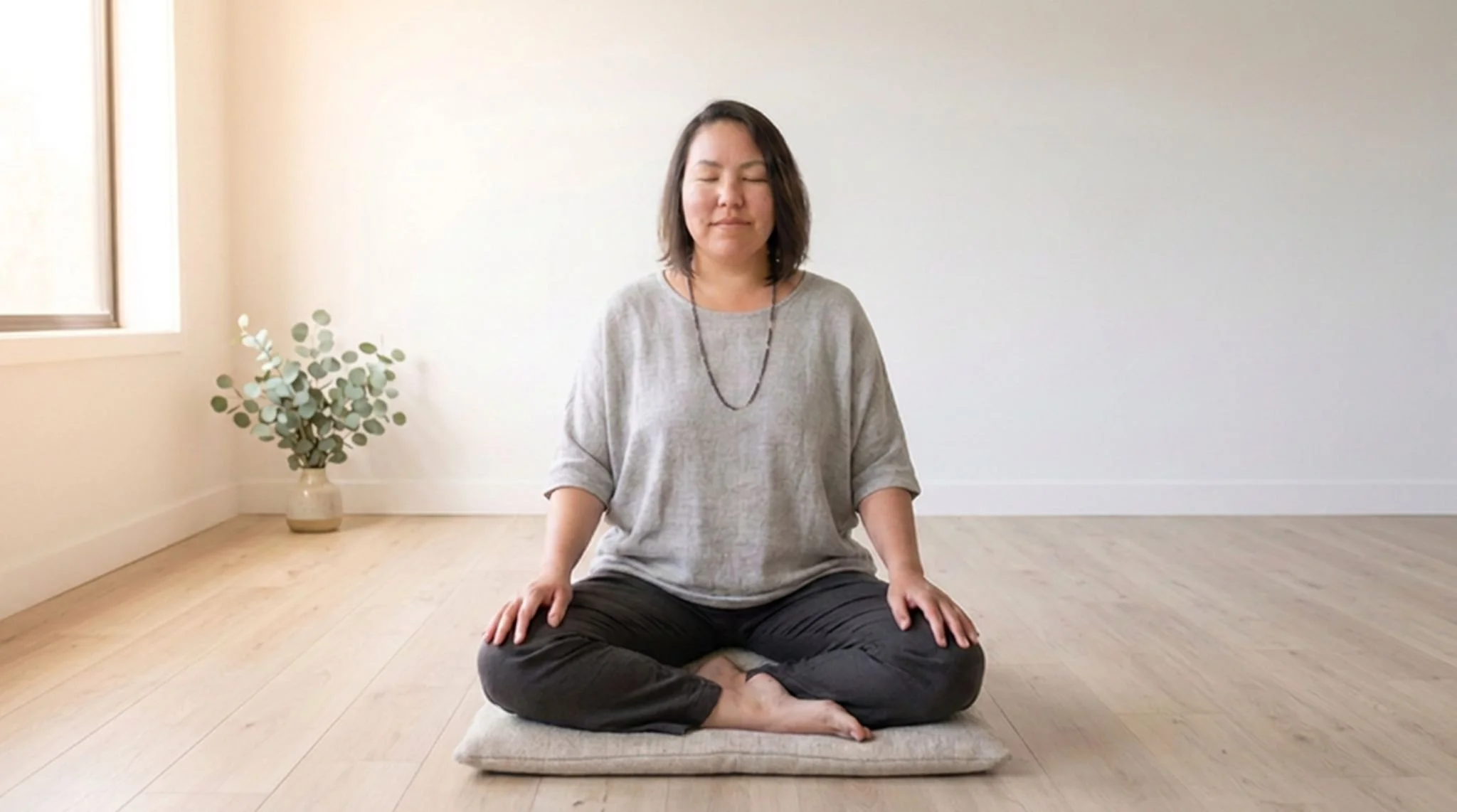 A woman meditating in a seated twist pose on a cushion in a bright, minimal room with a window and a potted plant.