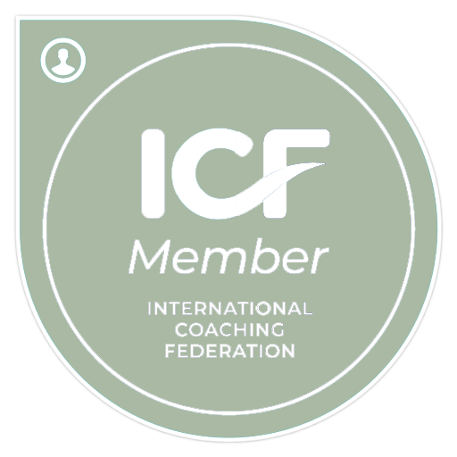 ICF Member badge for the International Coaching Federation with a green circular background and a white outline.