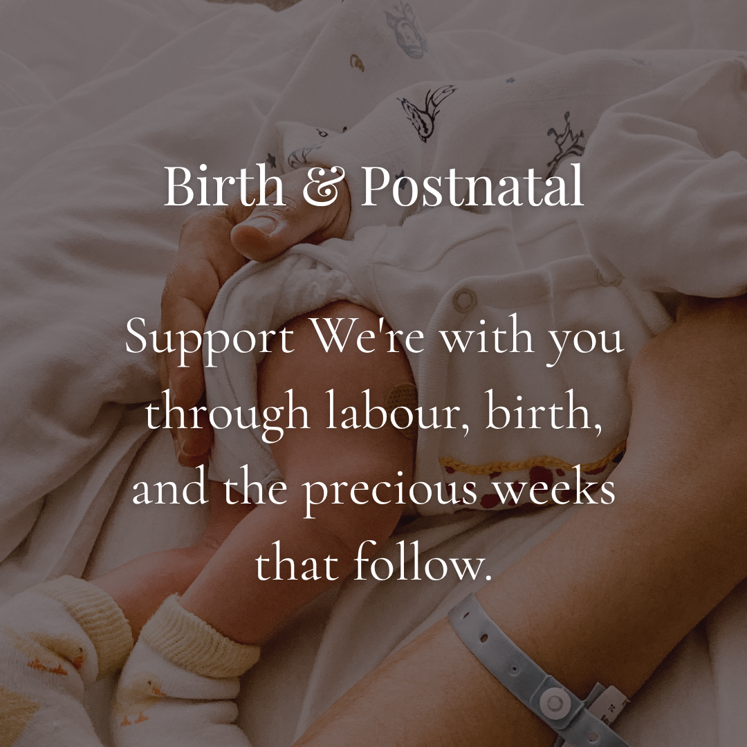 A person holding a newborn baby with a wristband in a hospital bed, supporting the baby, with overlay text about birth and postnatal support.