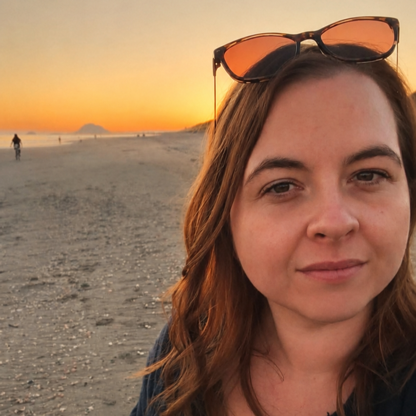 A woman with brown hair and sunglasses on her head taking a selfie on a beach during sunset, with a few people in the distance.