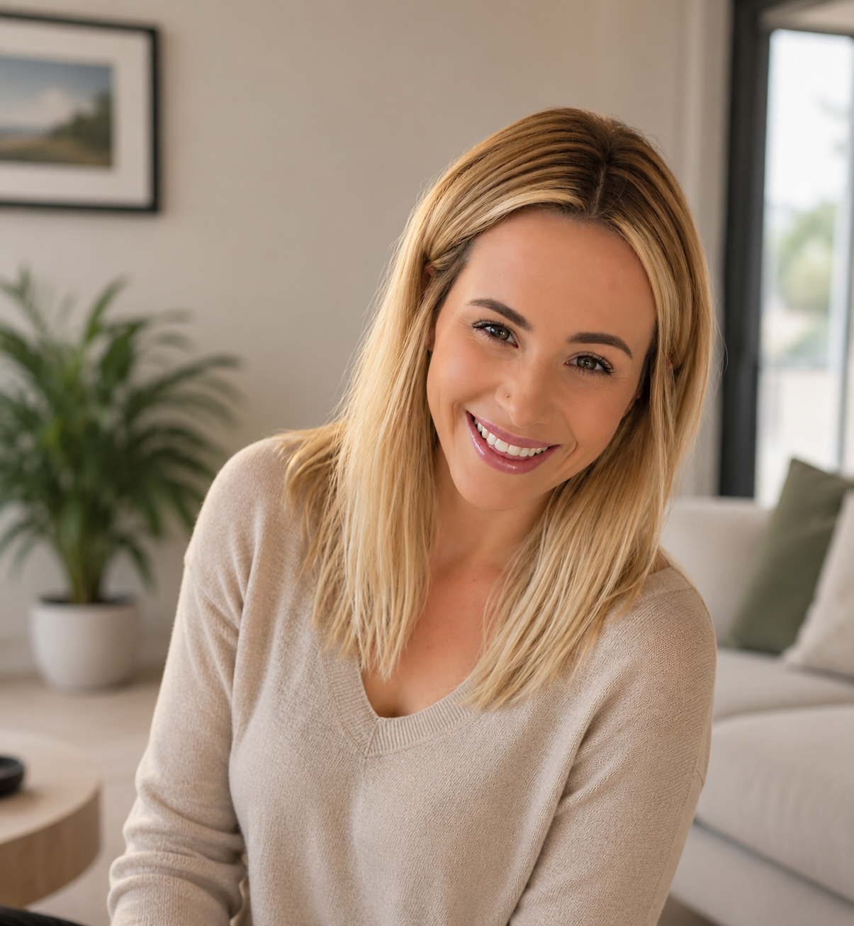 A smiling woman with blonde hair sitting in a modern living room.