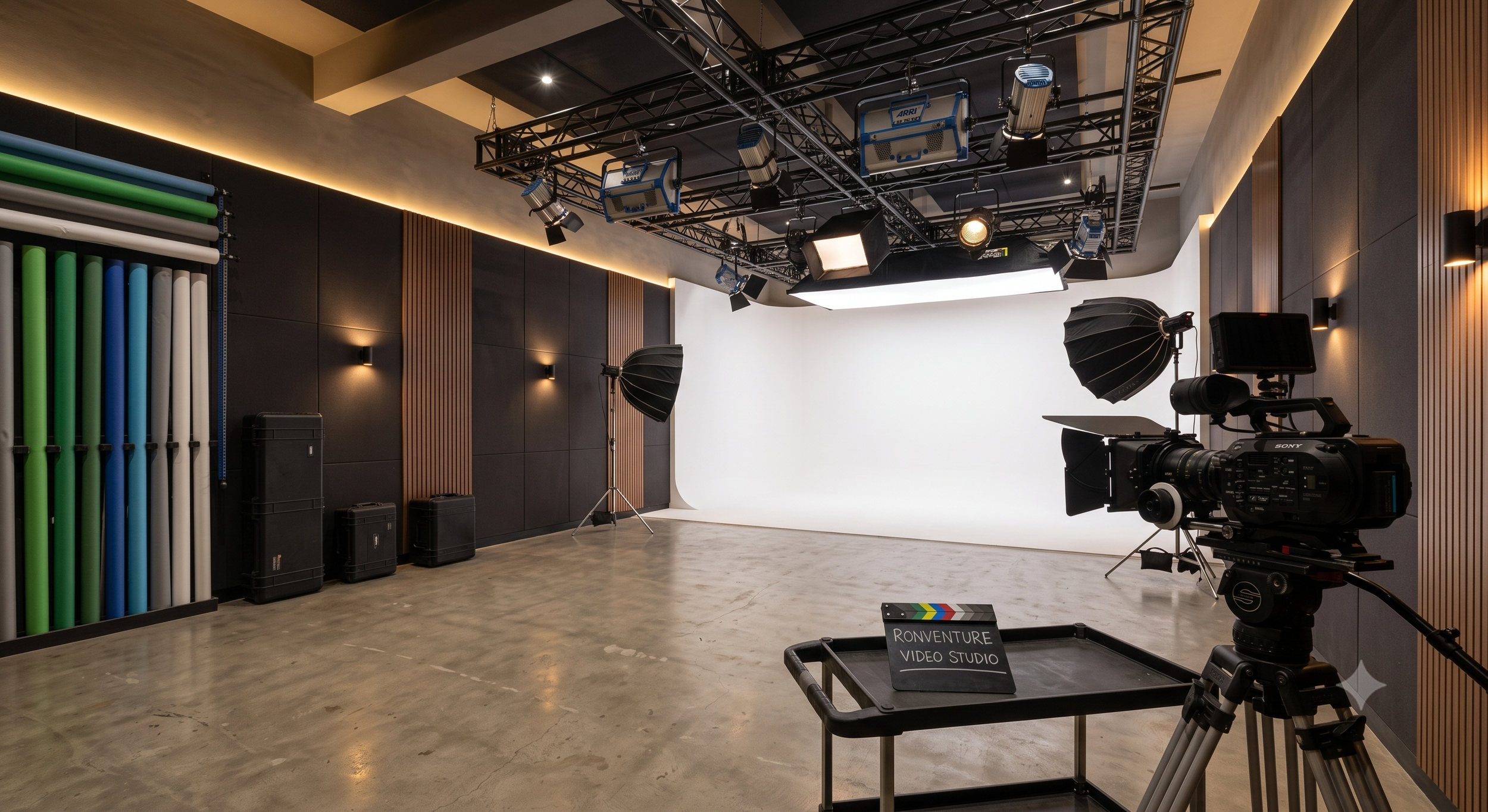 A professional video studio with a camera, lighting equipment, and a white backdrop. There are storage boxes and colorful pipes on the left wall, and the ceiling has mounted lights and rigging. A small sign on a cart reads 'Ronventure Video Studio'.