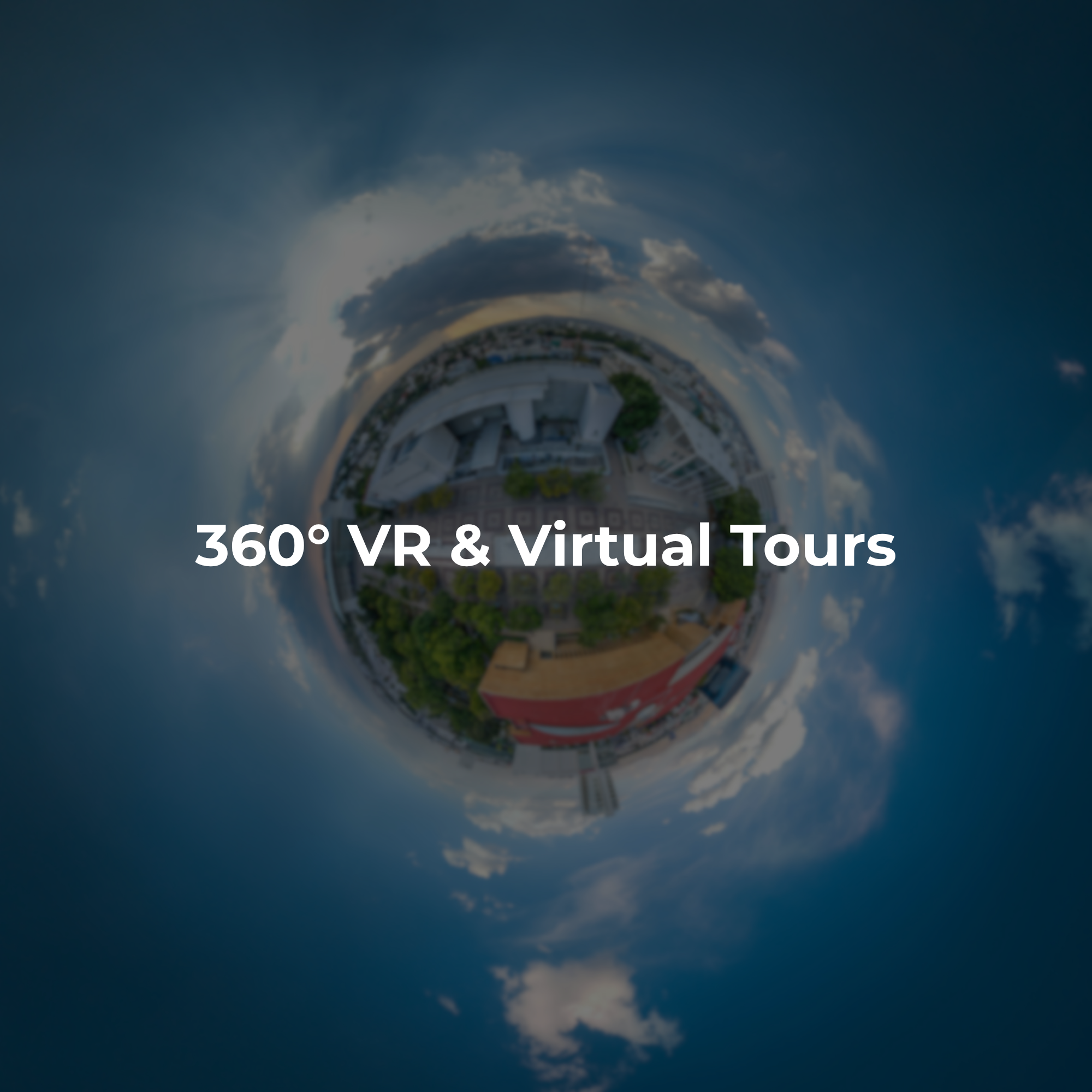 360-degree virtual tour view showing a panoramic cityscape beneath a partly cloudy sky.