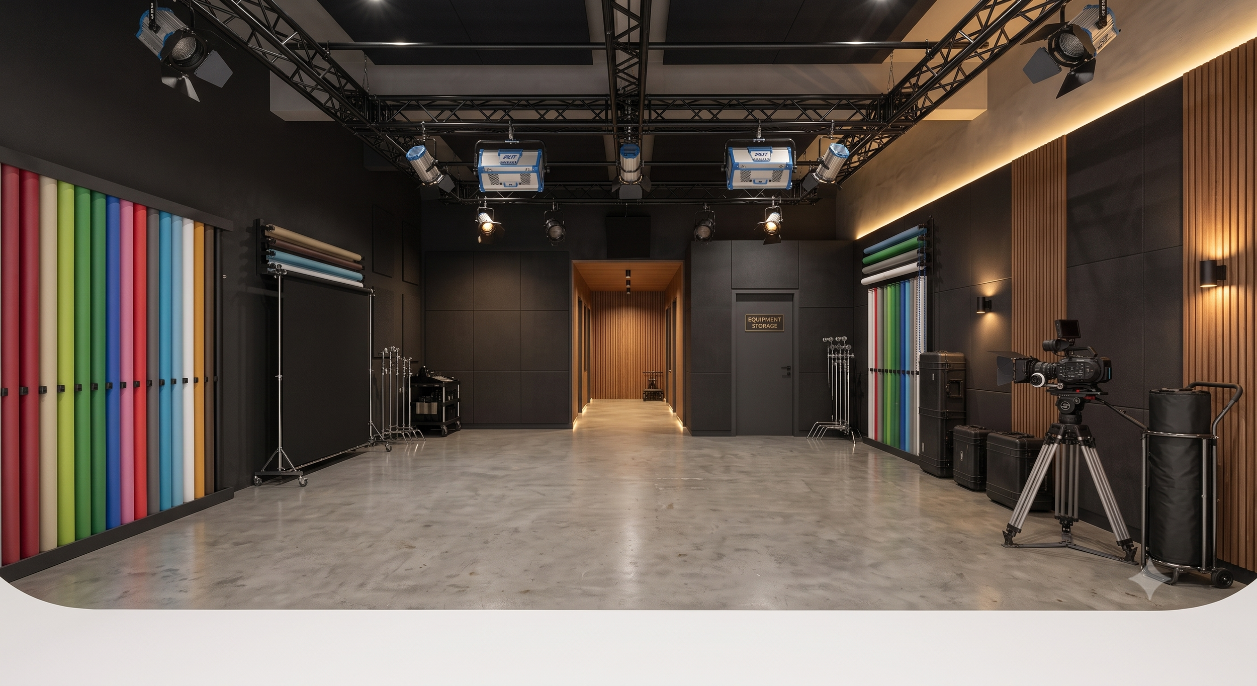 A professional photography or video studio with black walls, studio lights mounted on a grid, and colorful backdrops on either side. There is a camera on a tripod, and equipment storage labeled on the wall.