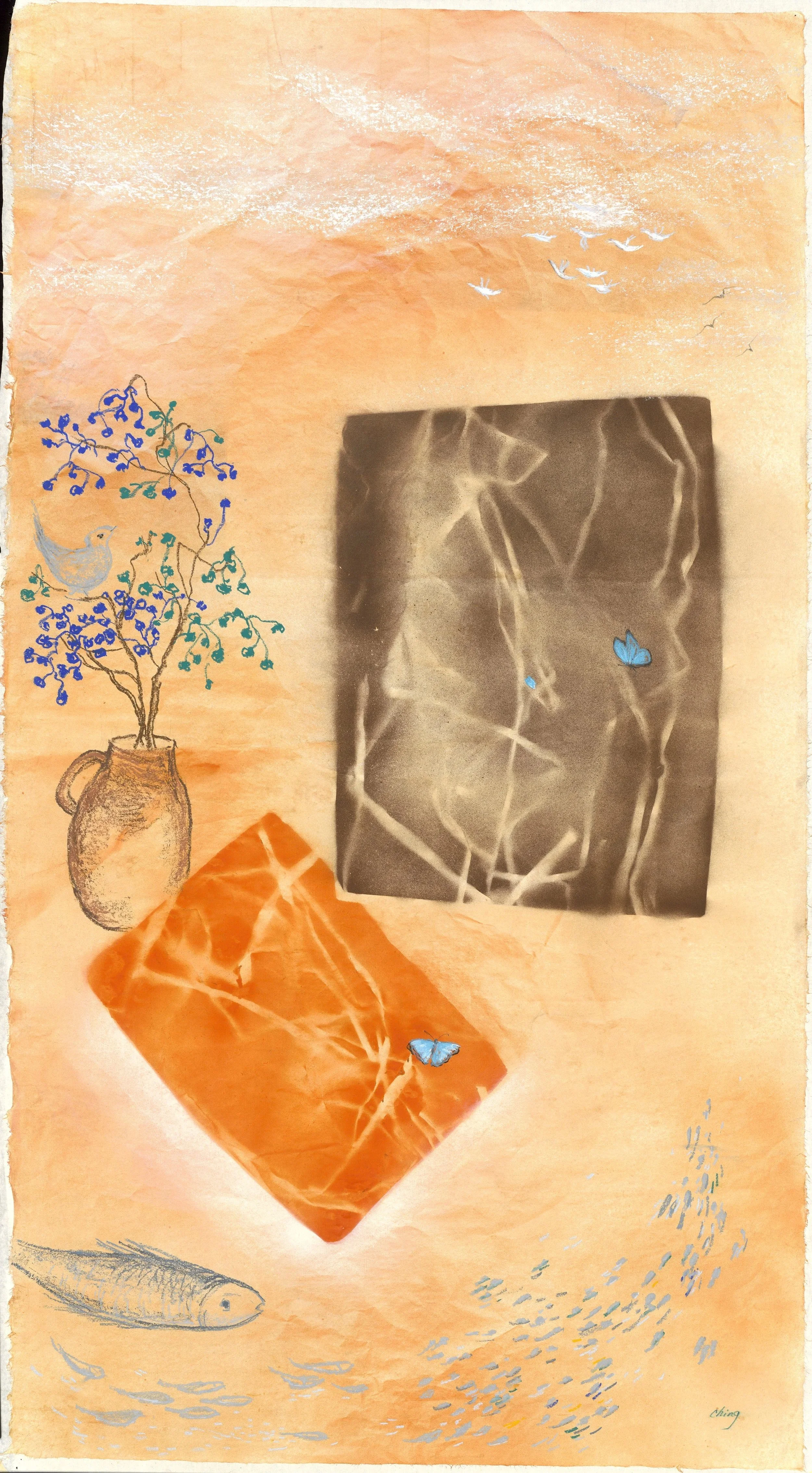 魚悠夢蝶聼鳥鳴,
亞克力， 粉彩/畫布，
78x140公分,

A Dream Zen World,
Acrylic on canvas, 
31x55 inch

#2024