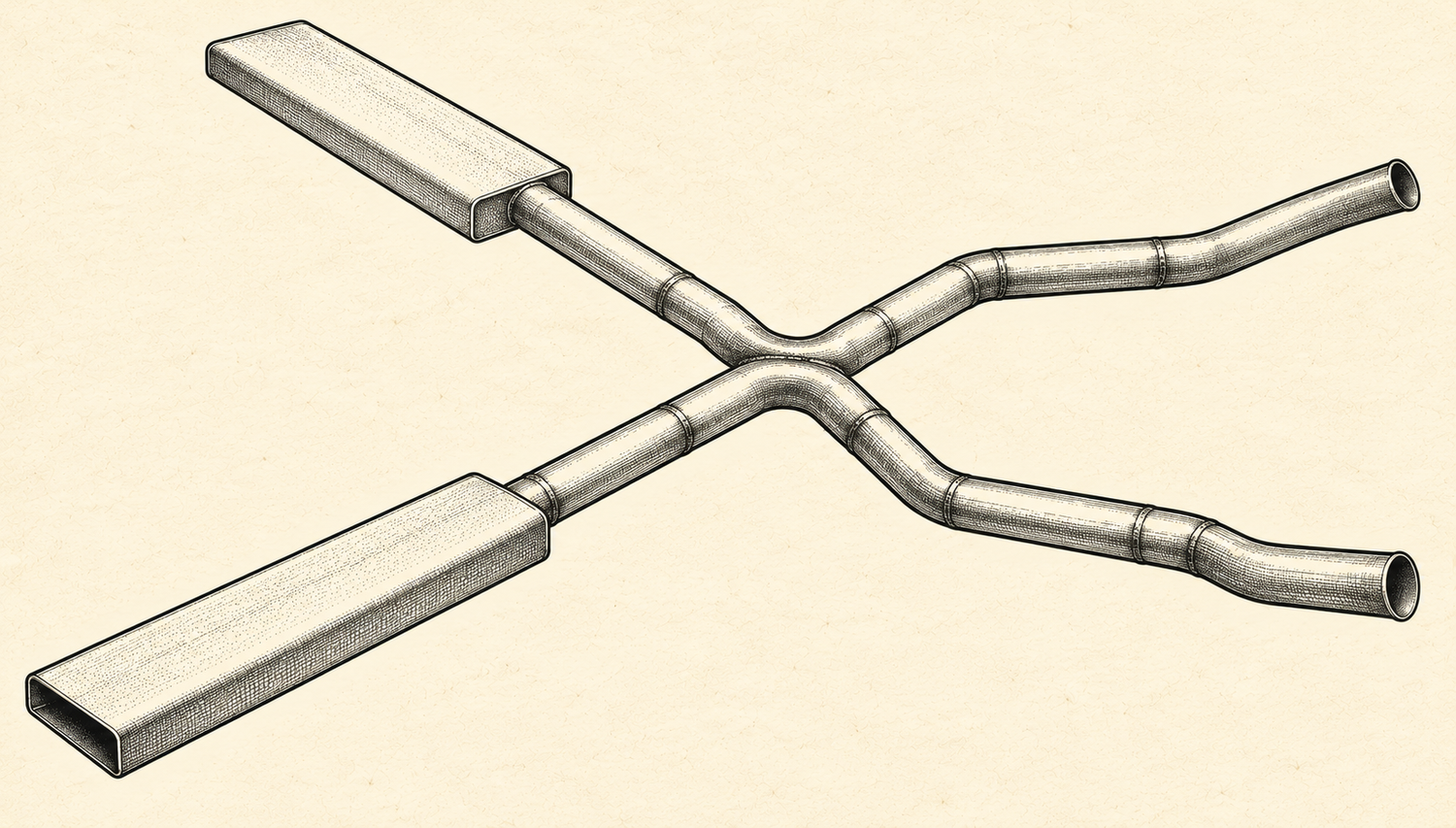 Engraved drawing of the Open Hoist boom tube system with twin rectangular bodies and X-pipe crossover