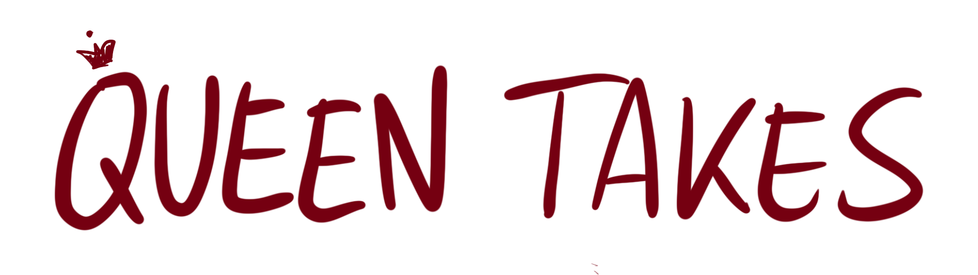Logo met de tekst 'Queen Taked' in donkerrode letters, met een kleine kroon boven de letter 'Q'.