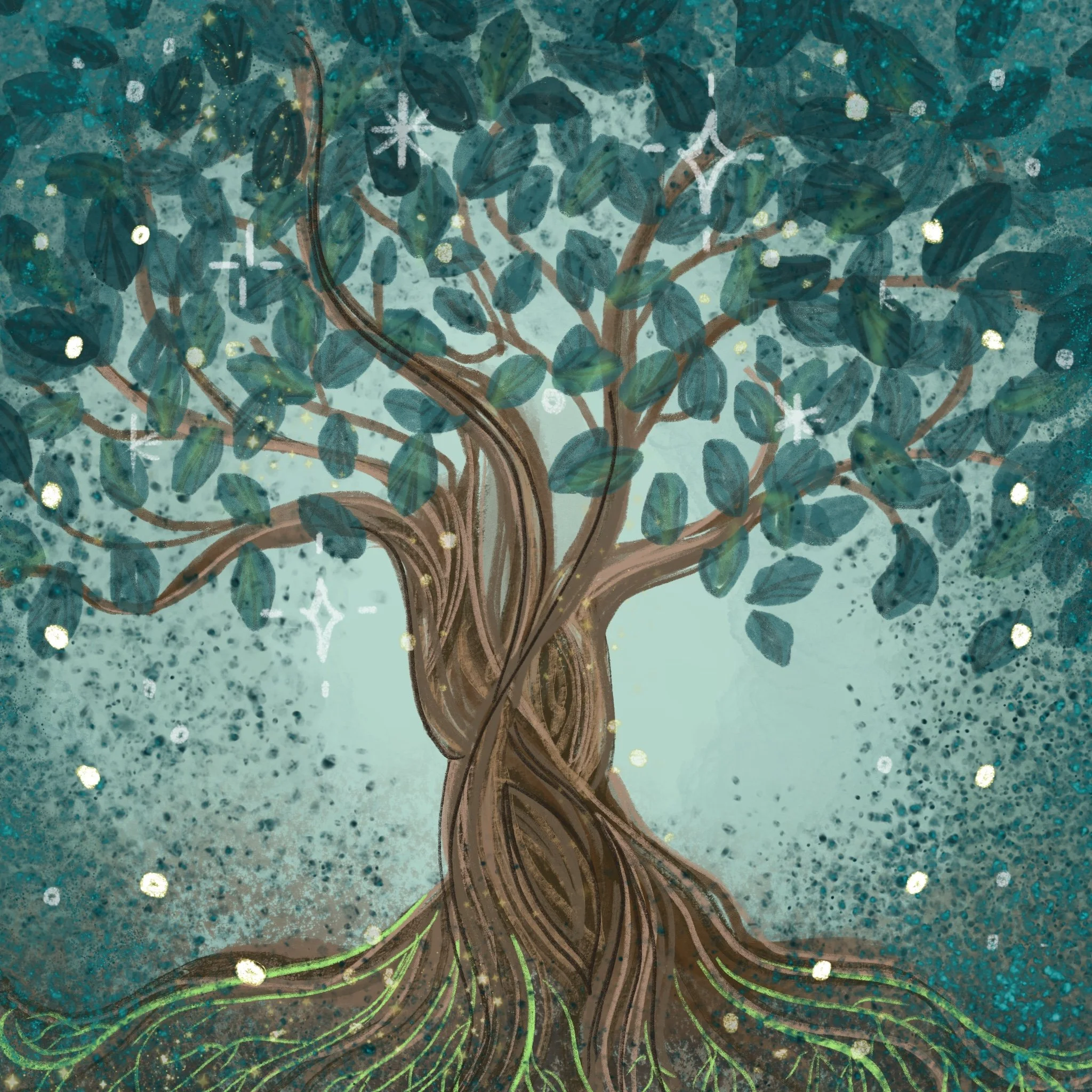 An illustrated tree with green leaves against a blue background with white star-like and sparkly accents.