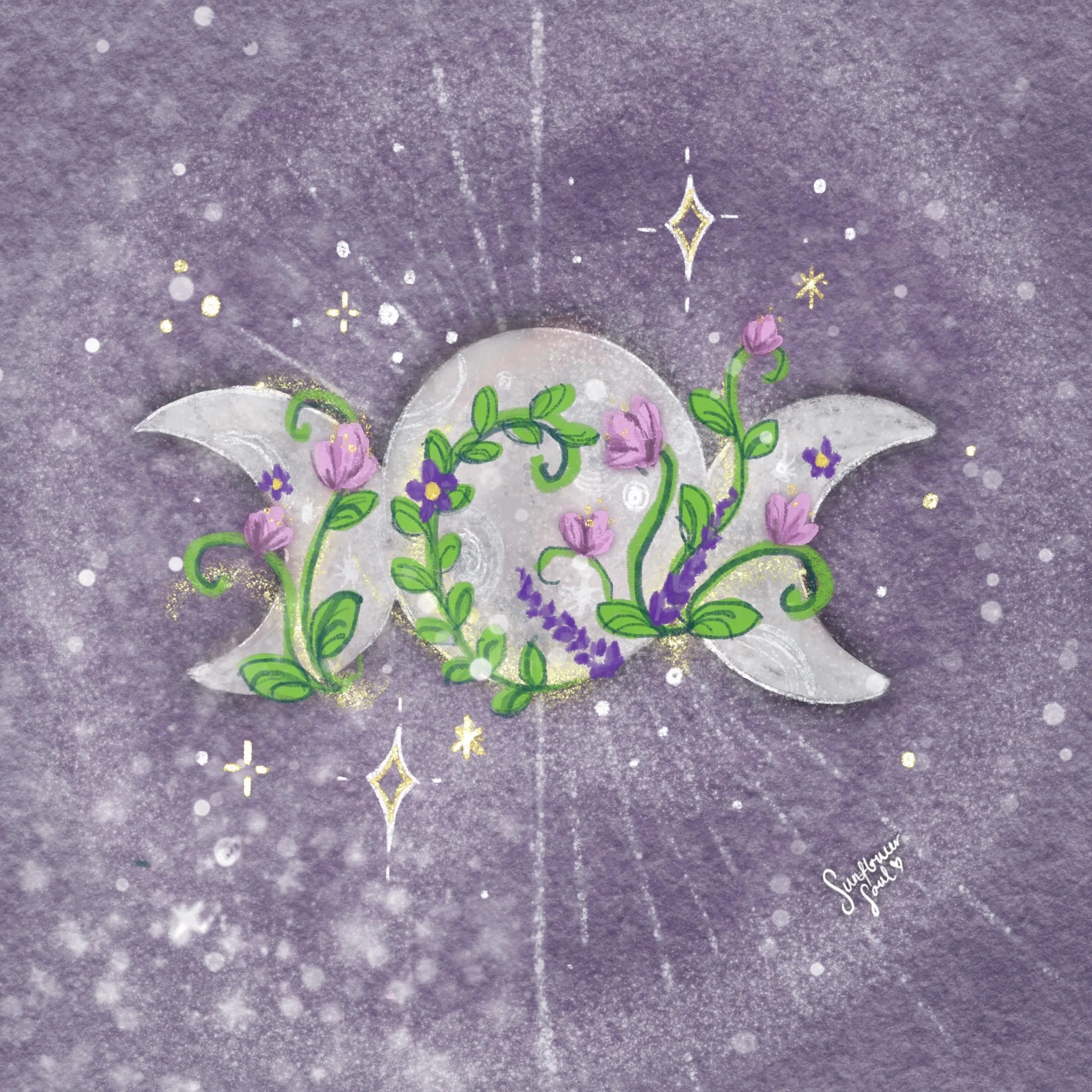 A colorful artwork featuring a moon, stars, and flowers on a purple background. The artwork is decorated with glitter accents and appears to be hand-painted or drawn.