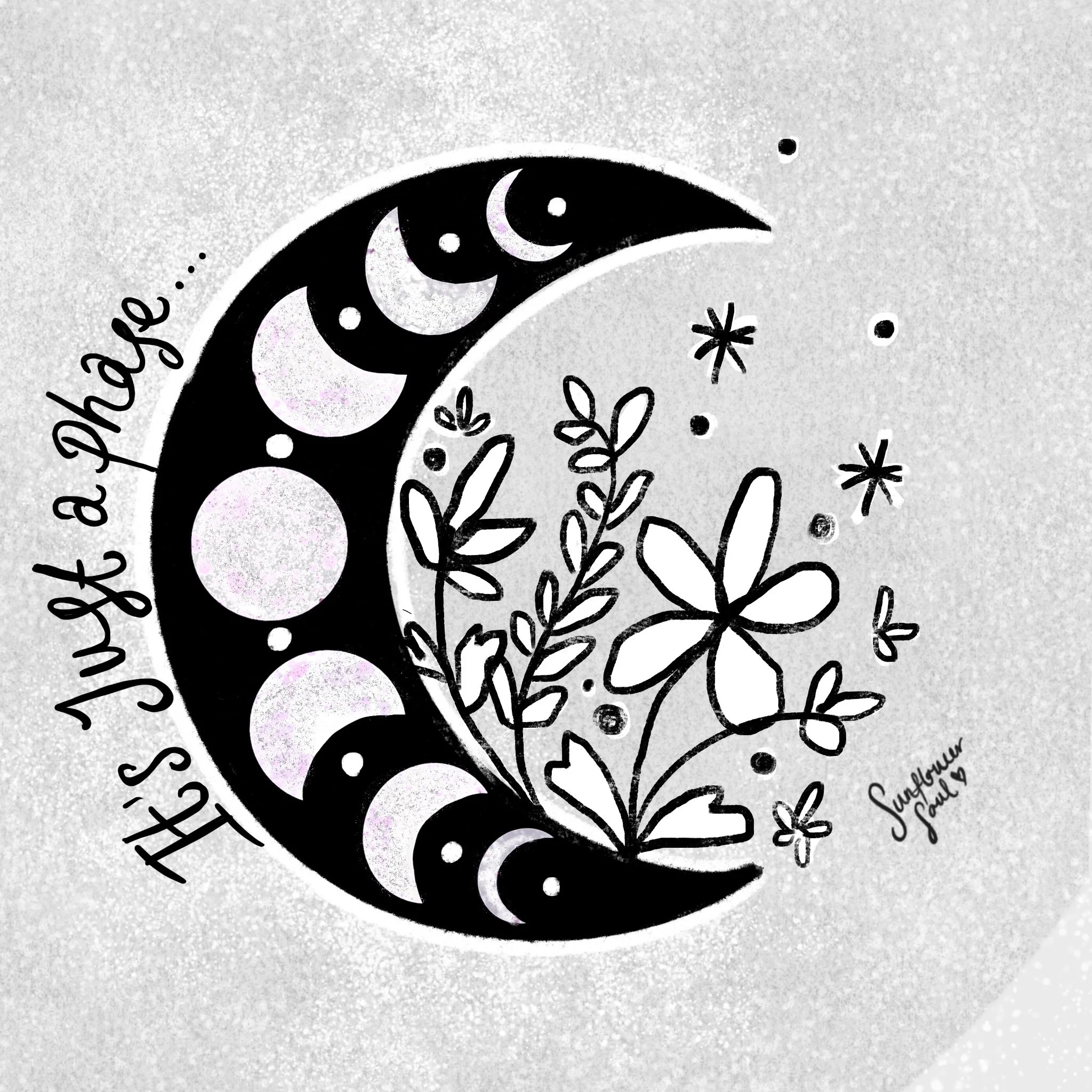Close-up of a white textured surface with black handwritten words and symbols, including a crescent moon, stars, leaves, and the words 'Sunflower' and 'Dream'.