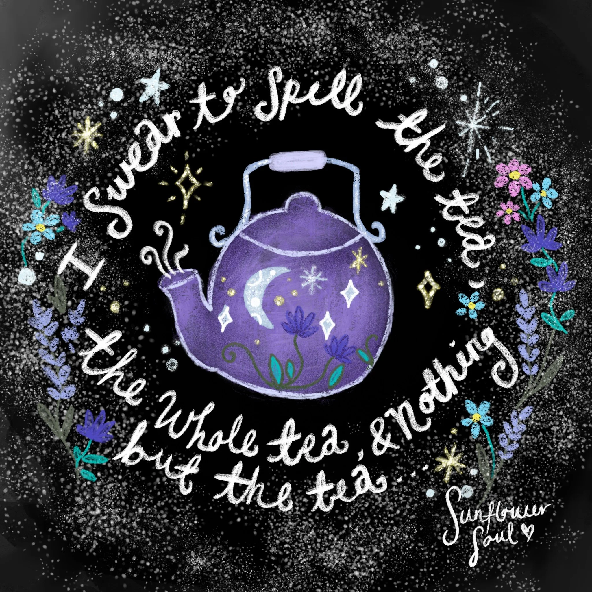 Colorful holiday greeting card with white glittery text saying "art to self &" surrounded by multicolored flowers, stars, and snowflakes on a black background.