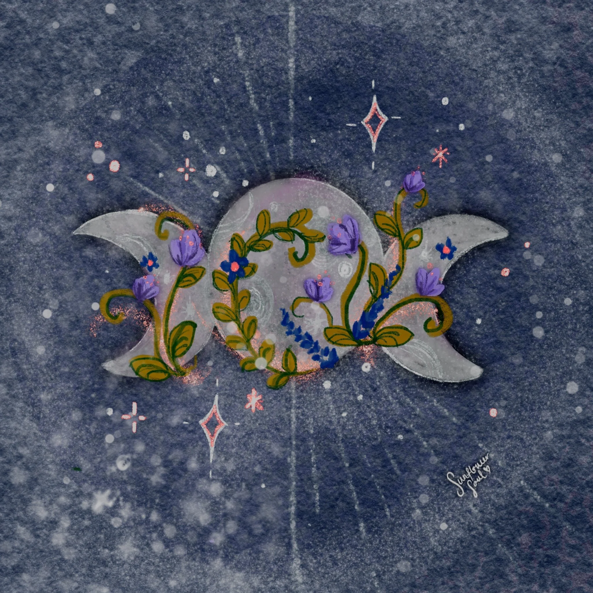 A snow-covered surface with a decorated round object featuring purple flowers and green leaves. Small colorful stars and sparkles surround it, and a handwritten message "Sincerely," is visible in the bottom right corner.