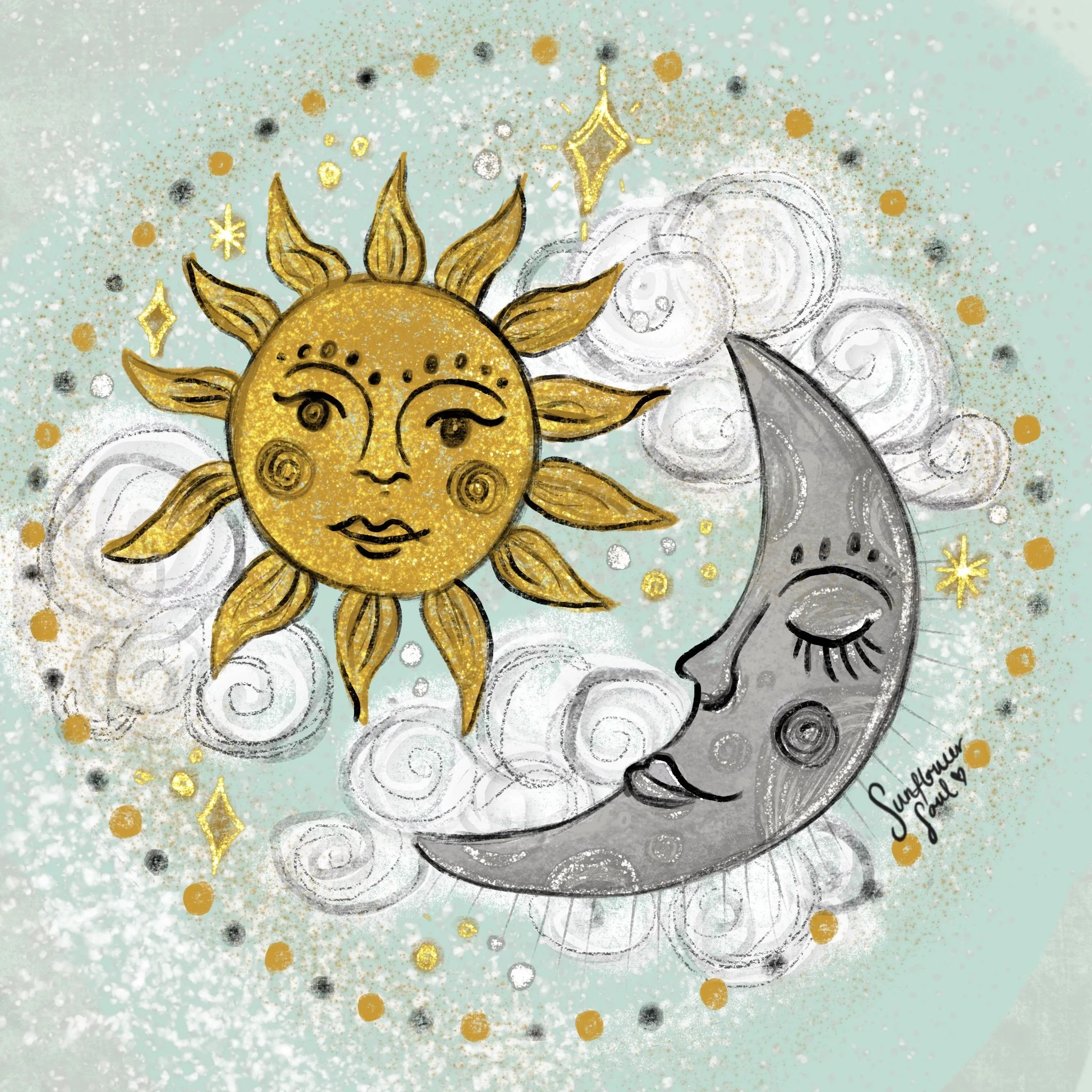 A colorful artistic illustration of a sun with a human face, surrounded by clouds, stars, and sparkles on a light teal background.