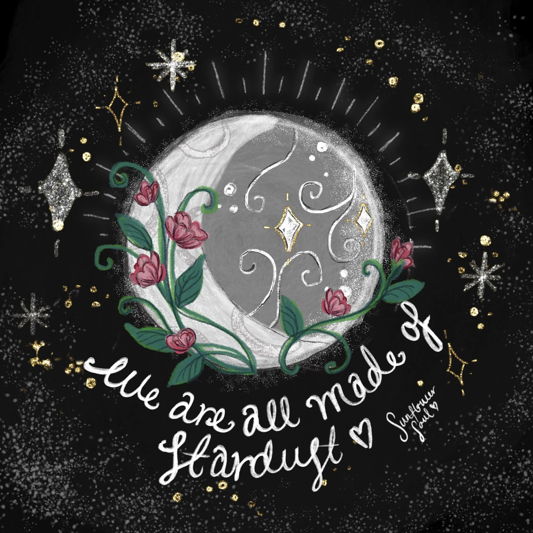 Decorative illustration with a white skull surrounded by pink roses, green vines, and glittery stars and sparkles on a black background. Partial white text with festive and neutral words is visible, with some words reading "Happy" and "Stardust."
