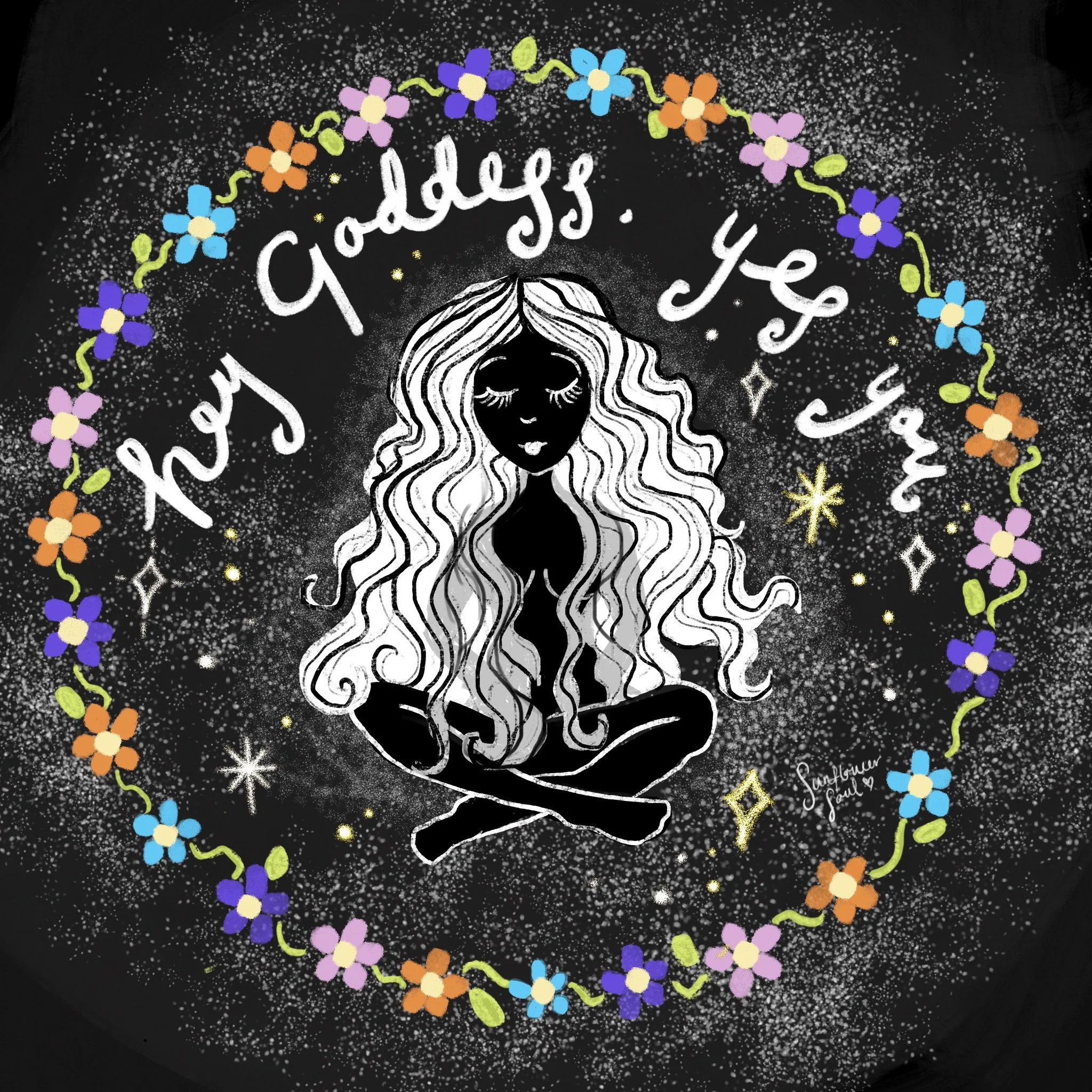 A chalk drawing on a black surface featuring a girl with long, wavy hair and closed eyes, surrounded by colorful flowers, stars, and curly lines, with the words 'Goodbye Yo' written above.