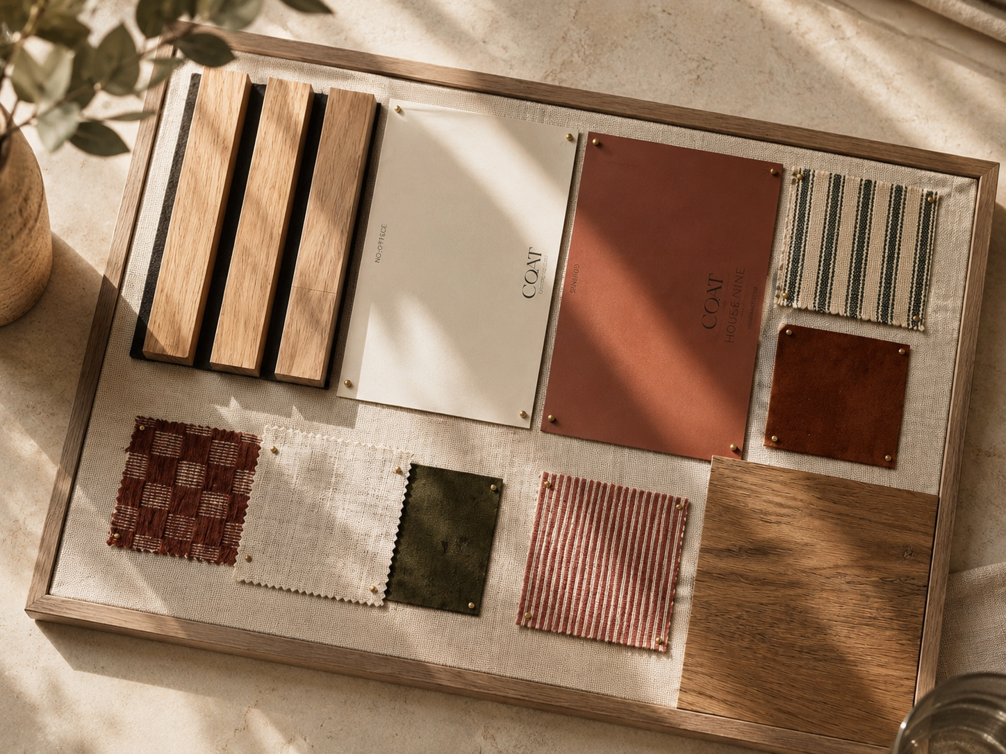 A sample board displaying various interior design materials, including fabric swatches, tile samples, and wood finishes, arranged on a beige fabric background within a wooden frame.
