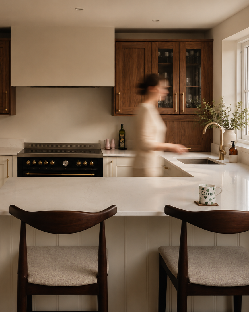 A blurred woman dressed in beige stands at a kitchen sink, with a window and green plant in the background, and two wooden chairs at a white kitchen island with a coffee mug labeled 'Carrie' in the foreground.