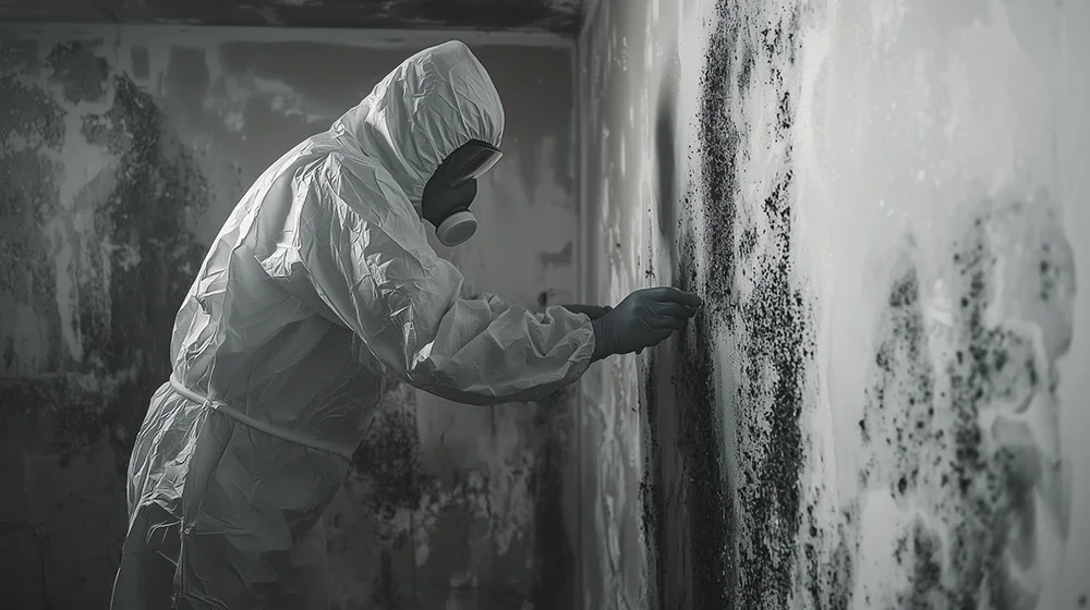Person in Schutzkleidung untersucht eine Wand mit dunklen Verfärbungen oder Schimmel.