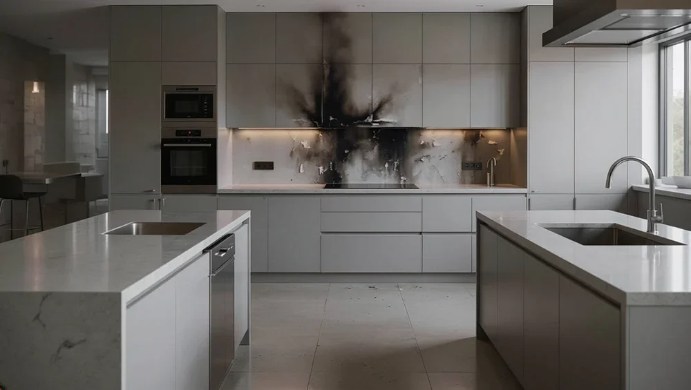 Moderne Küche mit beschädigter Rückwand und schwarzen Brandschäden.