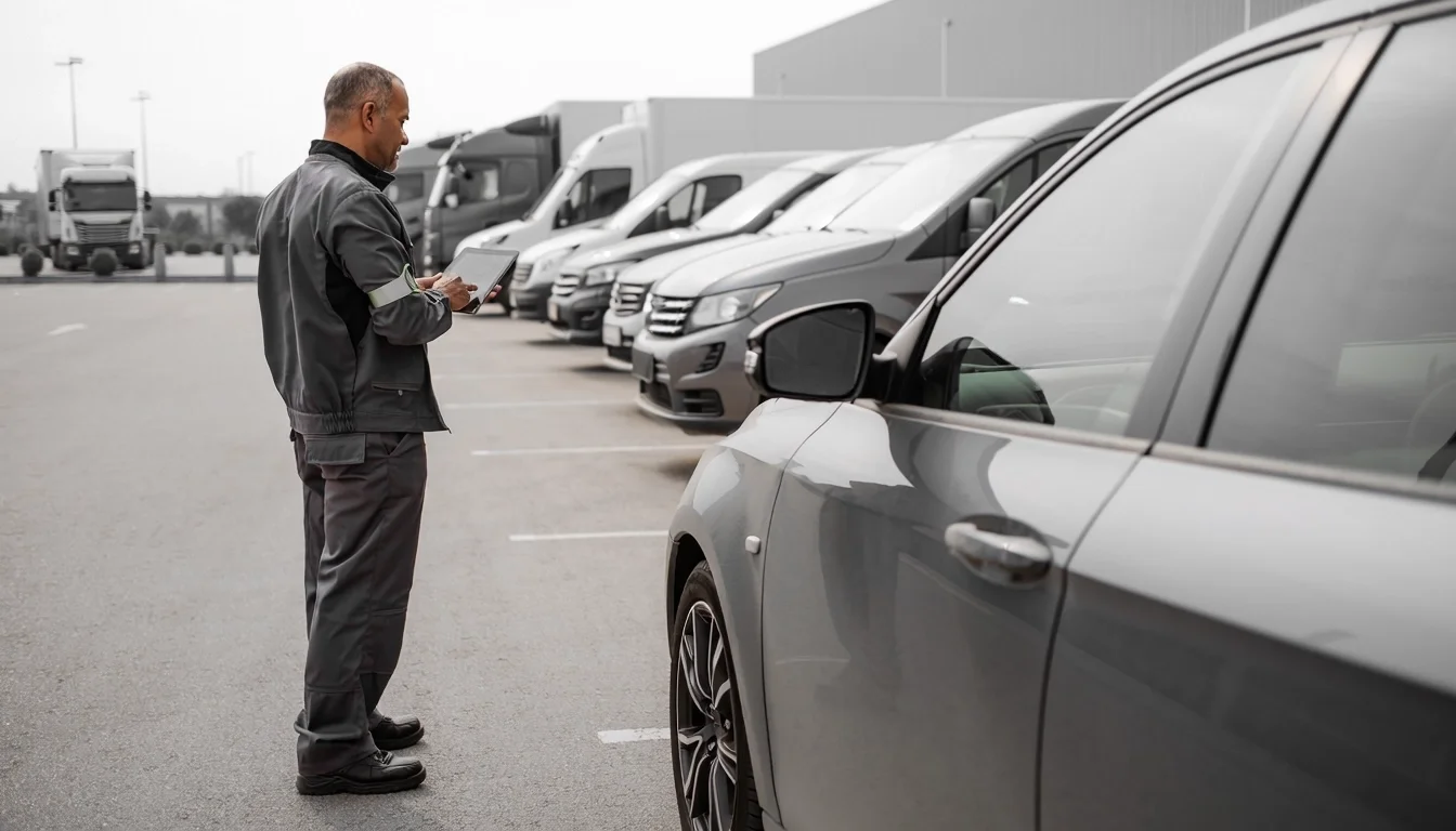 Ein Mann von WIS MOBIL Facility Management für Fahrzeug in dunkler Arbeitskleidung steht in einer Fuhrpark und schaut auf ein Tablet, während er vor einer Reihe von weißen Transportern steht.