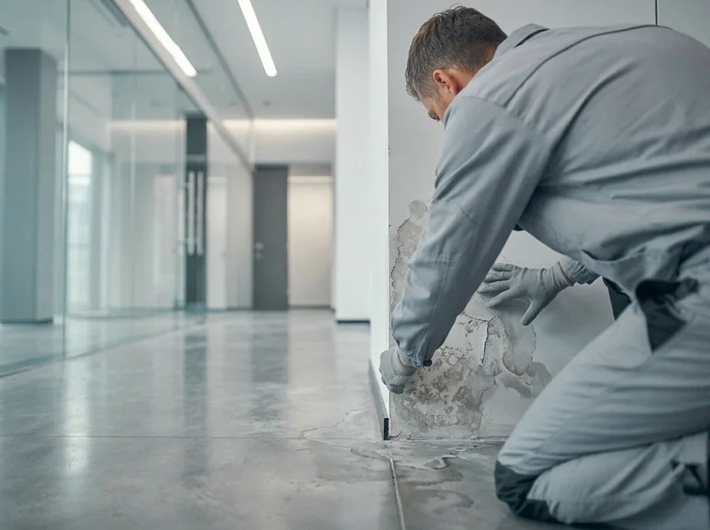 WIS Mitarbeiter entfernt einen Wasserschaden an einer feuchten Wand in einem modernen Bürogebäude.