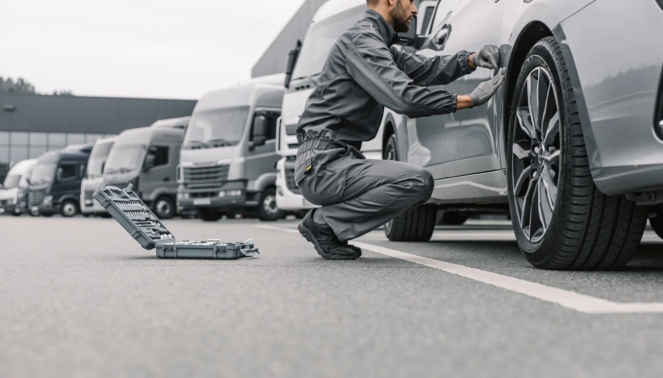 Ein WIS Mitarbeiter kontrolliert die Reifen eines Autos auf einem Parkplatz, Werkzeugkasten liegt auf dem Boden.